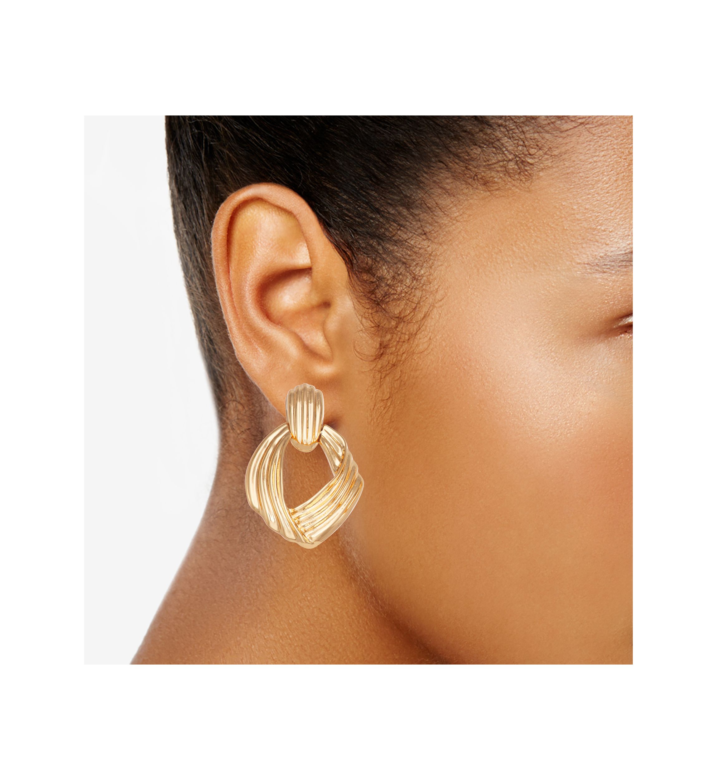 Gold Tone Ribbed Doorknocker Earrings