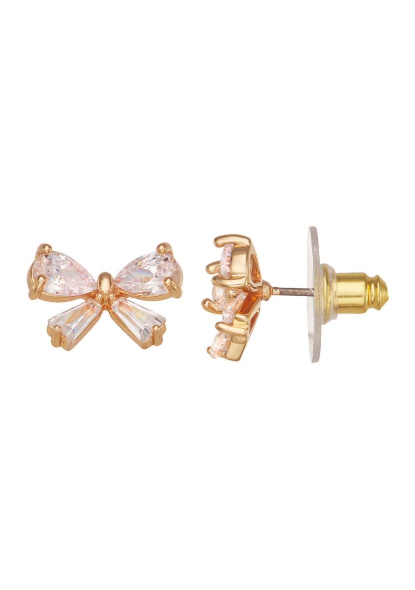 Gold Tone Crystal Bow Stud Earrings