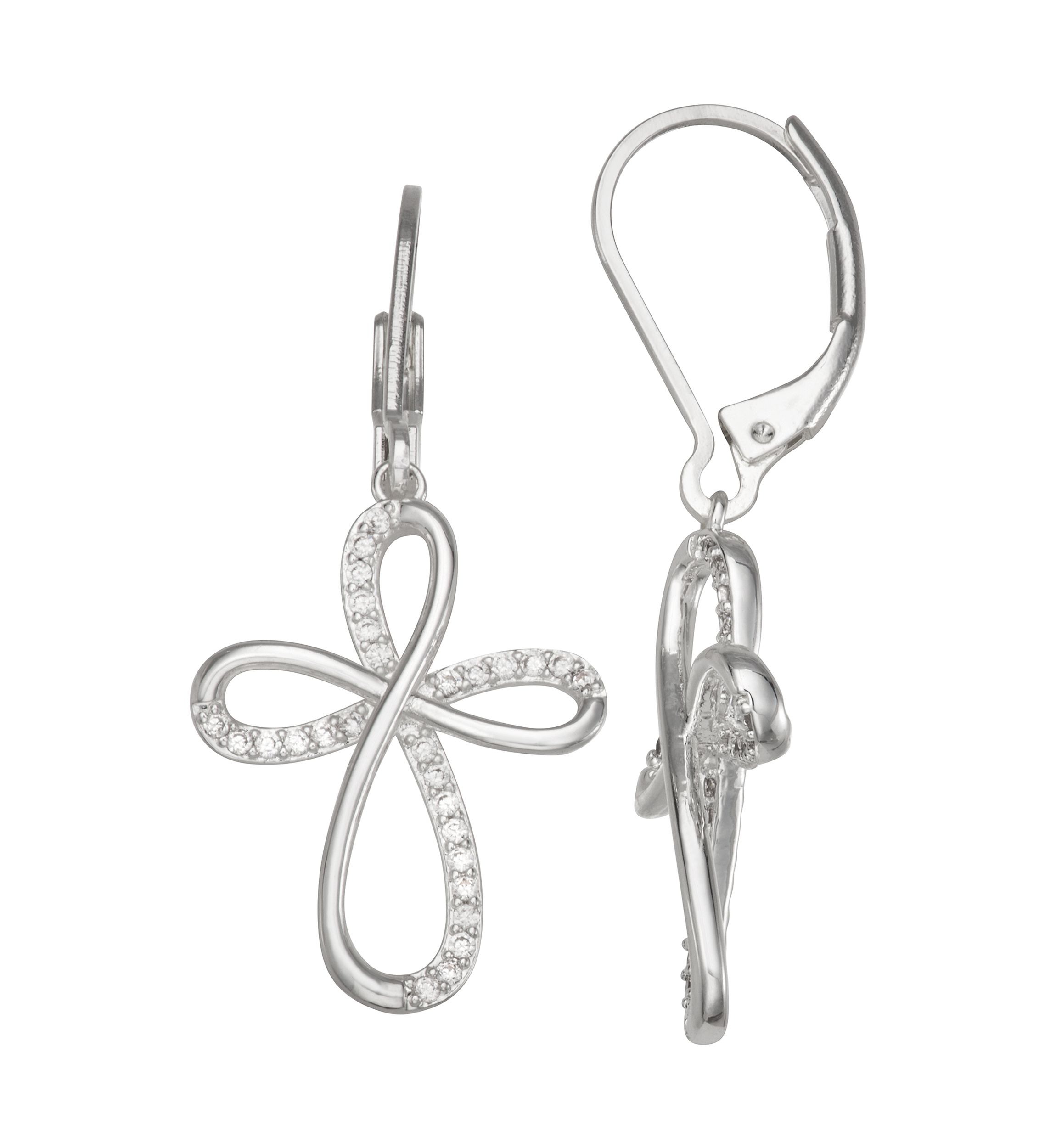 Silver Tone Crystal Cross Drop Earrings