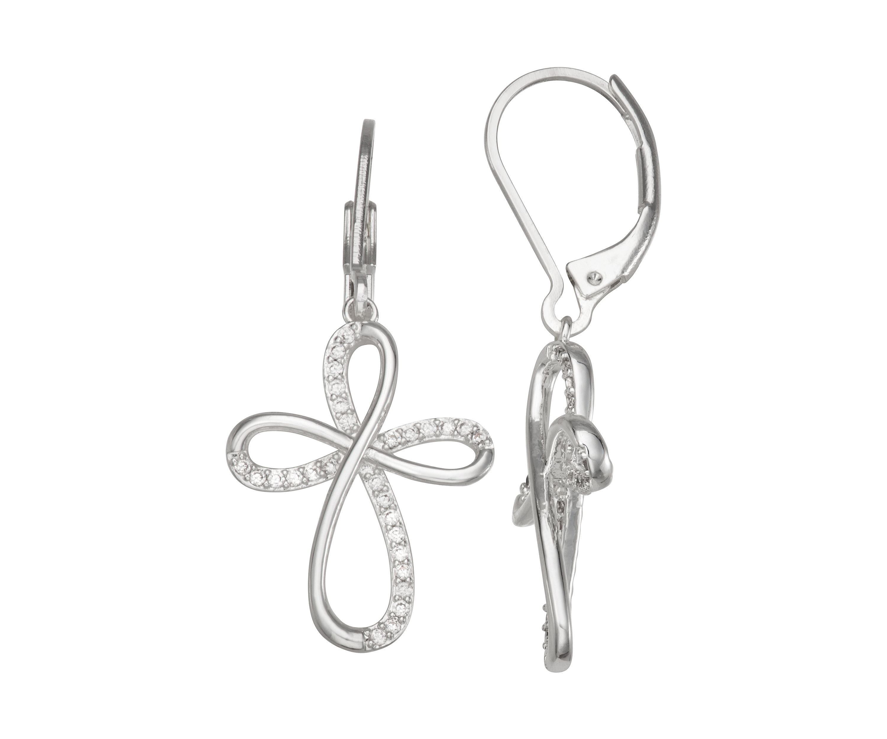 Silver Tone Crystal Cross Drop Earrings