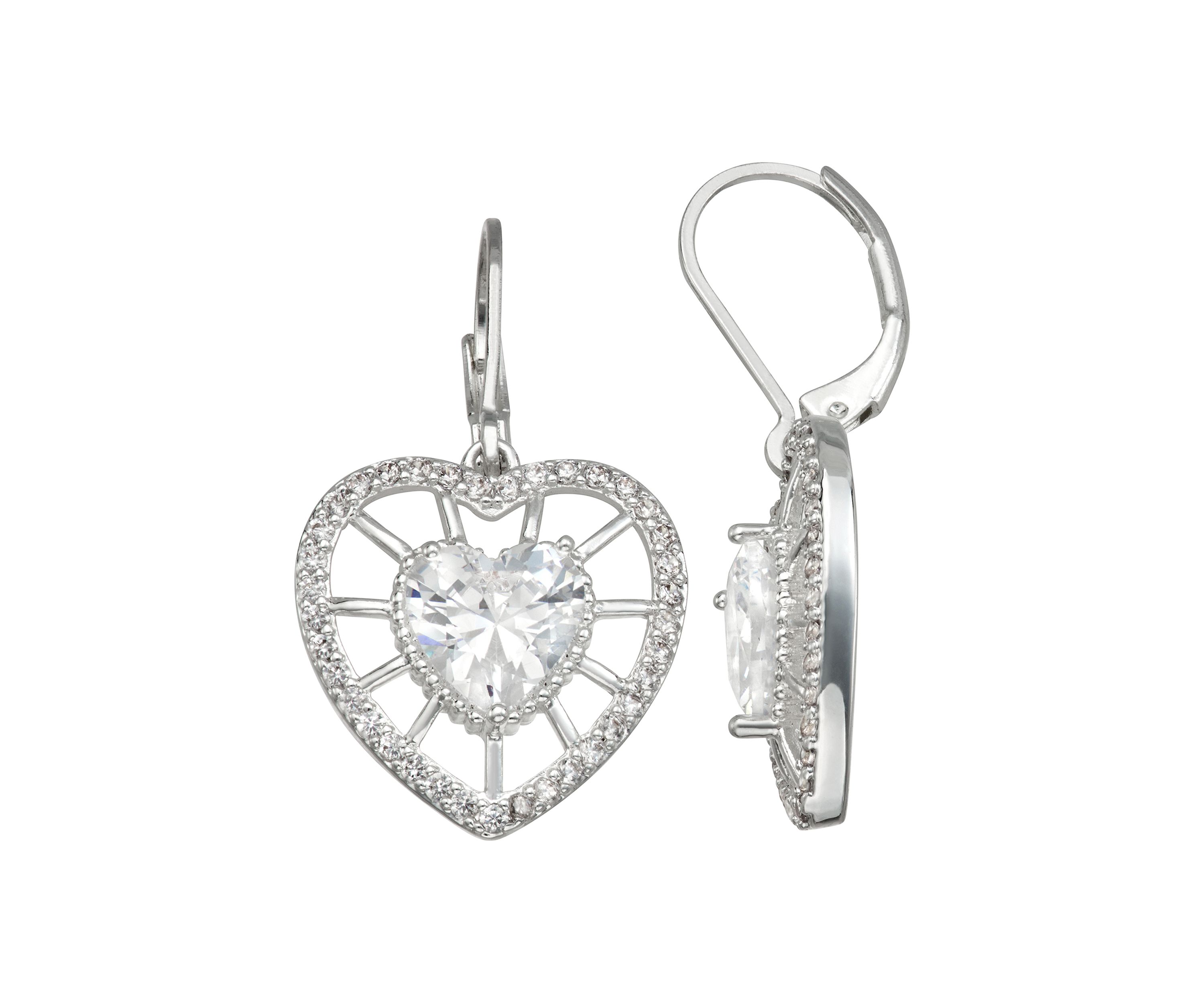 Silver Tone Crystal Heart Drop Earrings
