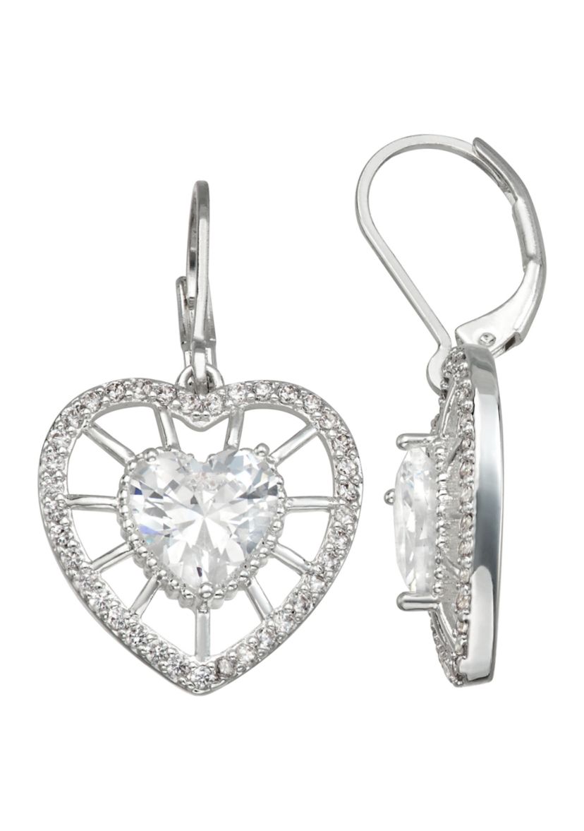 Silver Tone Crystal Heart Drop Earrings