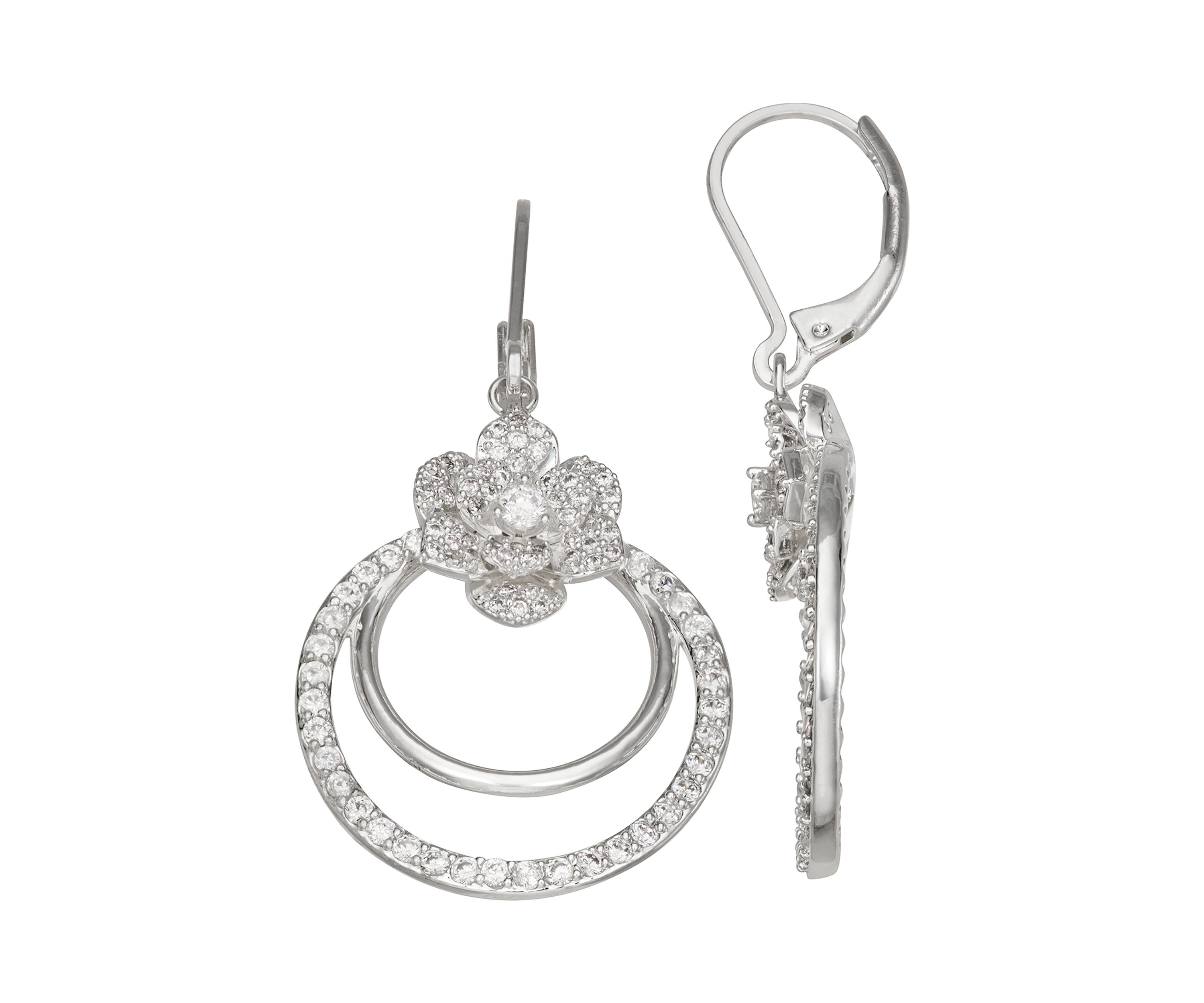 Silver Tone Crystal Round Drop Lever Back Earrings
