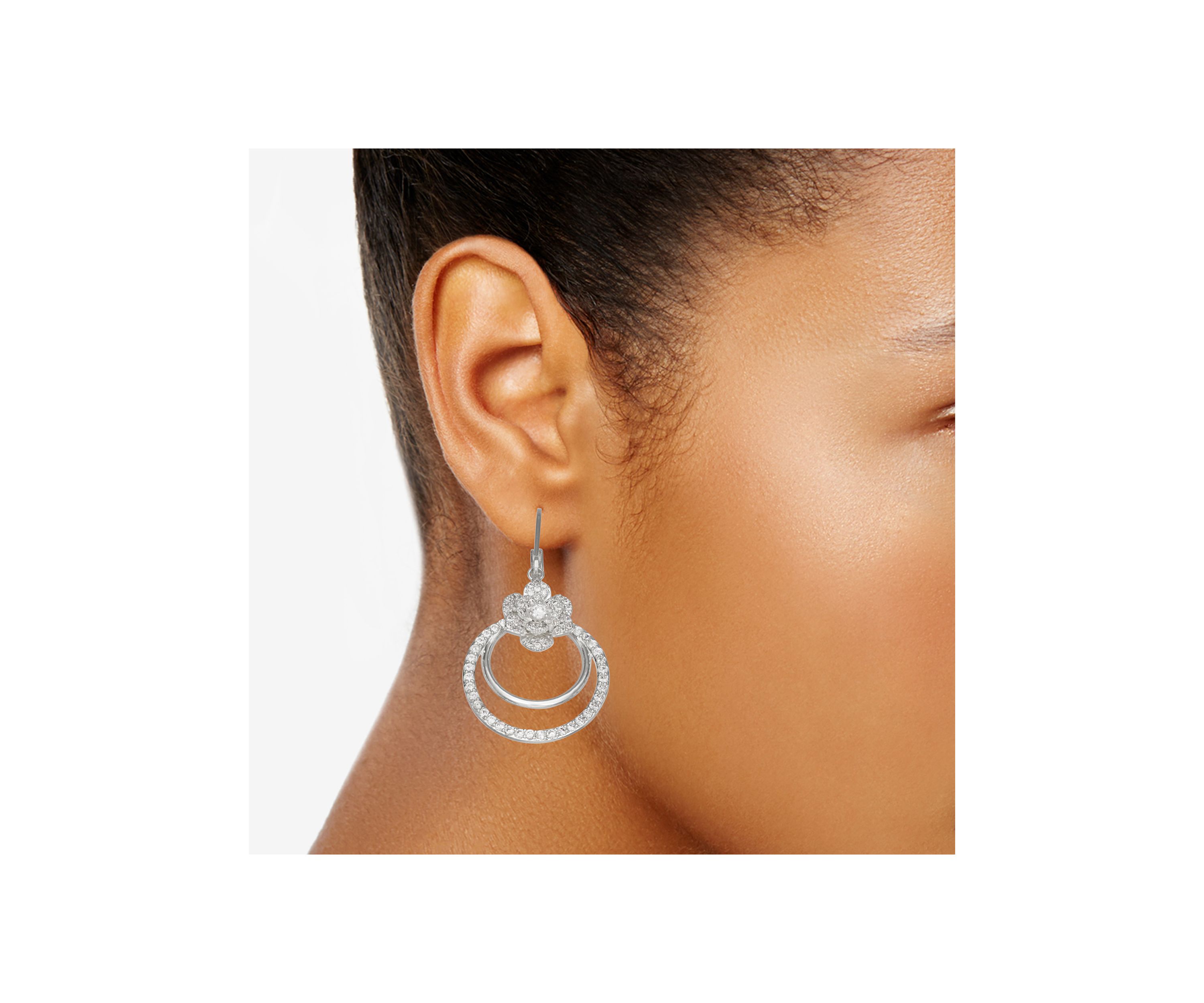 Silver Tone Crystal Round Drop Lever Back Earrings