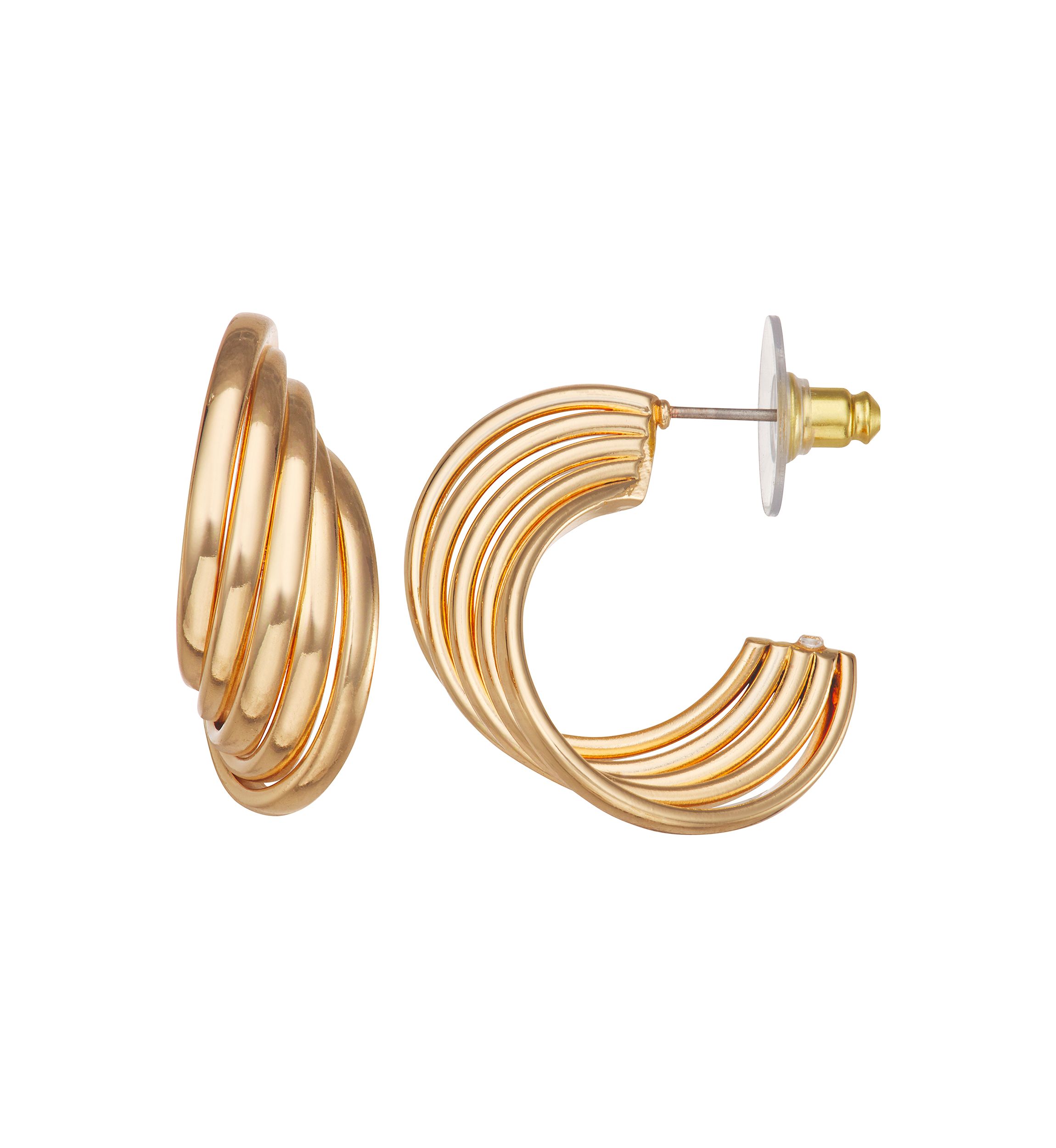 Gold Tone Ribbed C Hoop Earrings