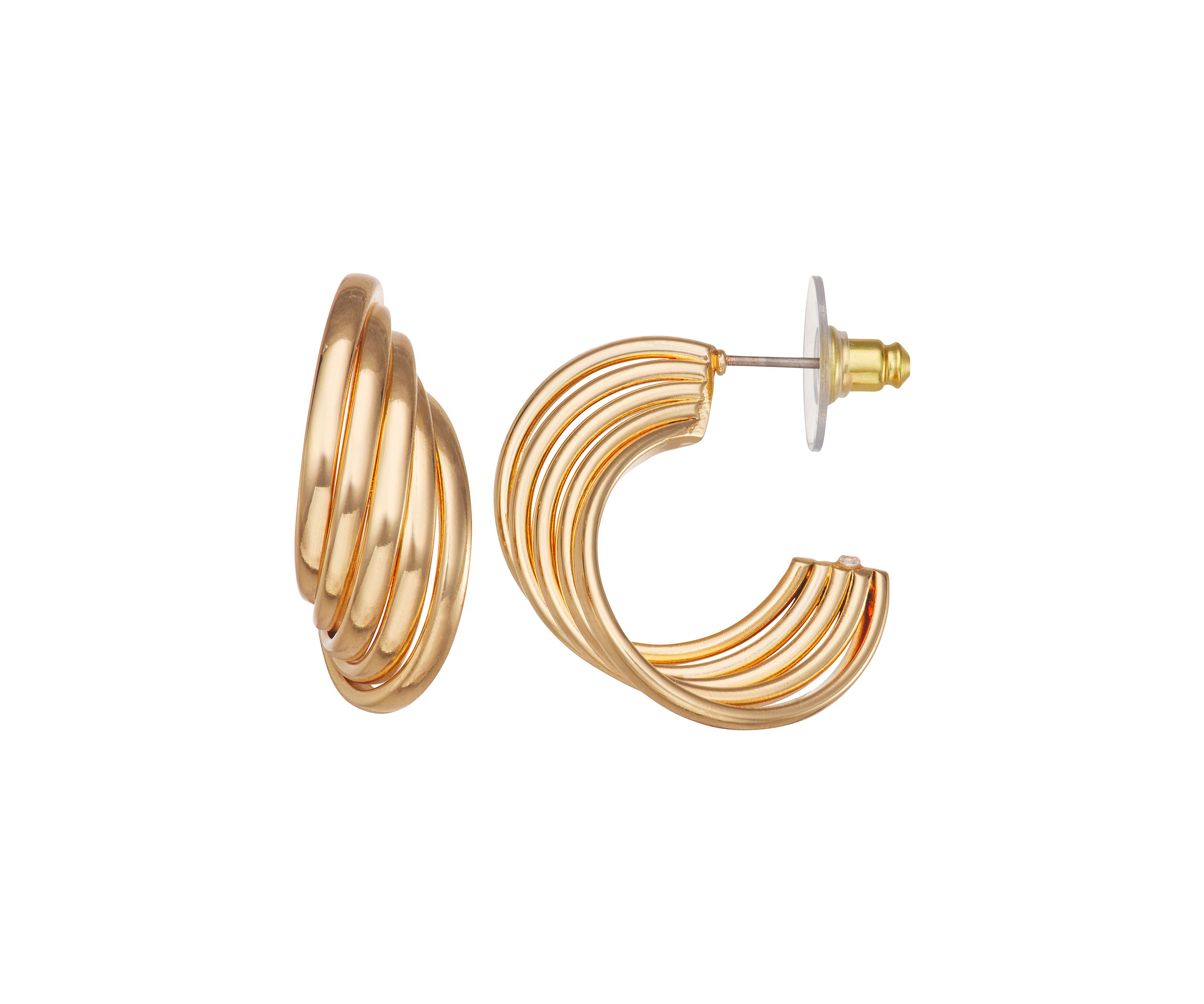 Gold Tone Ribbed C Hoop Earrings