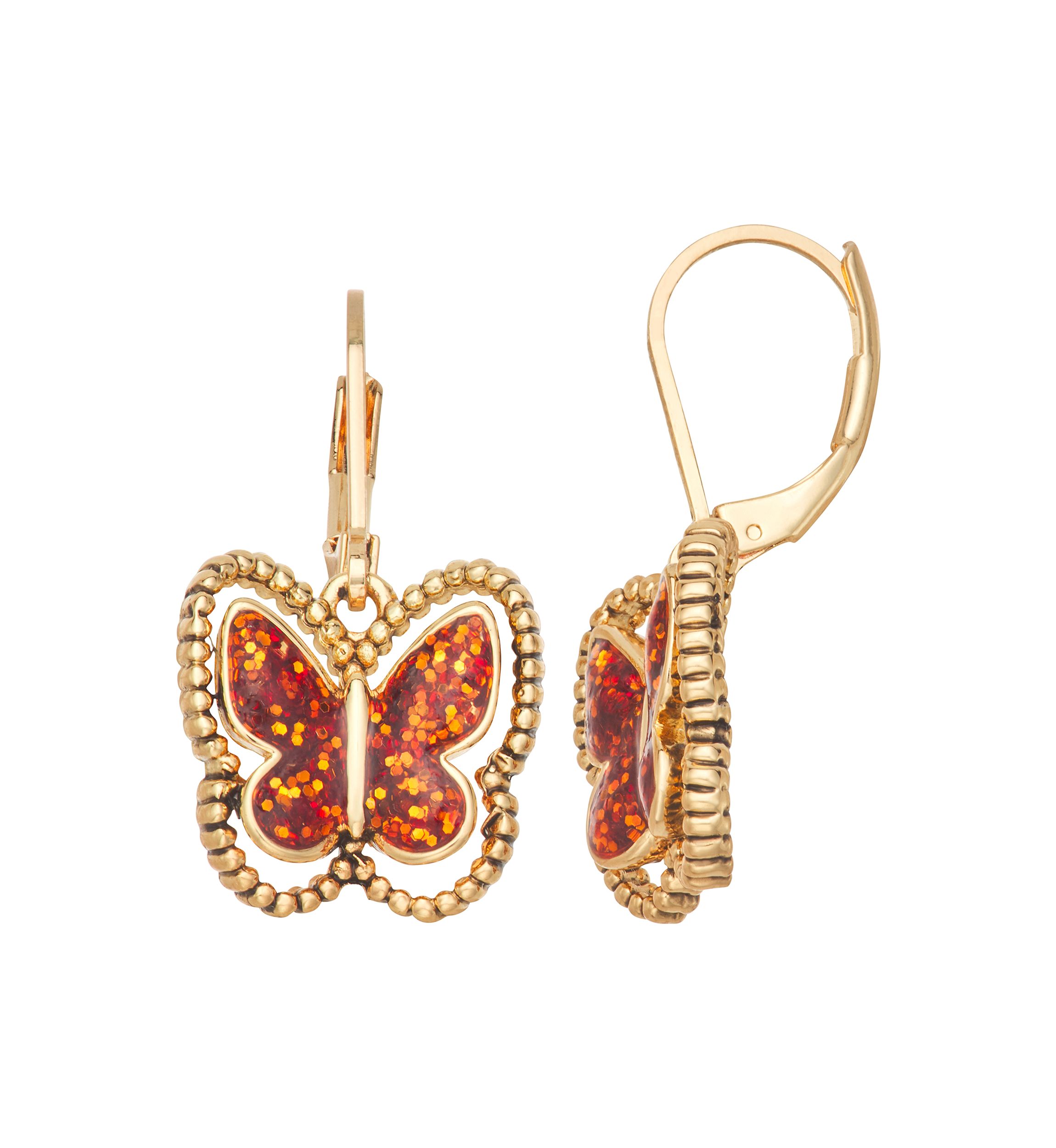 Gold Tone Coral Butterfly Drop Earrings