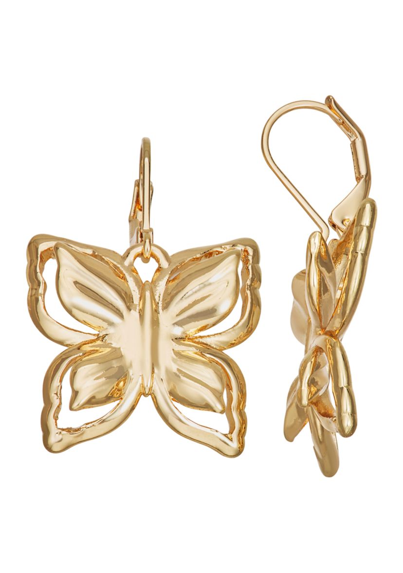 Gold Tone Butterfly Single Drop Earrings