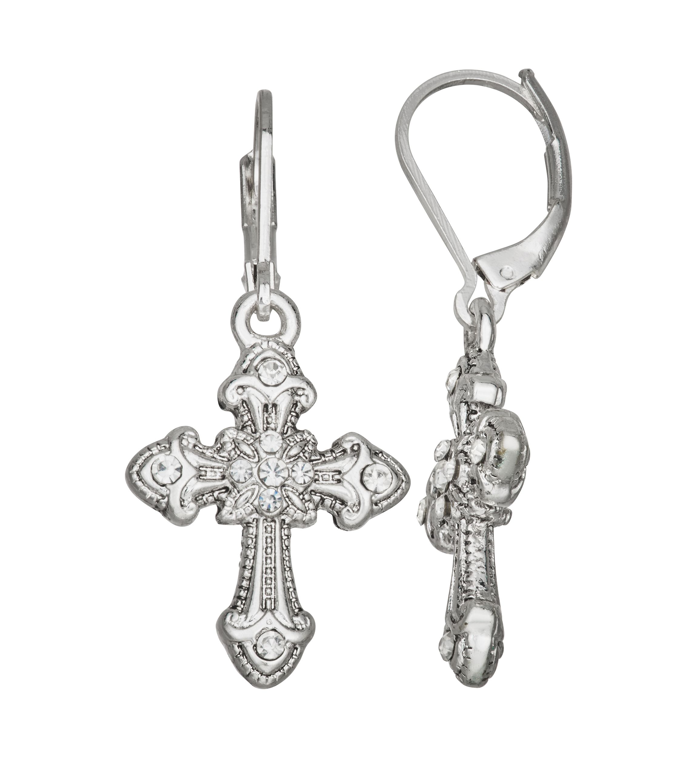 Silver Tone Cross Drop Earrings