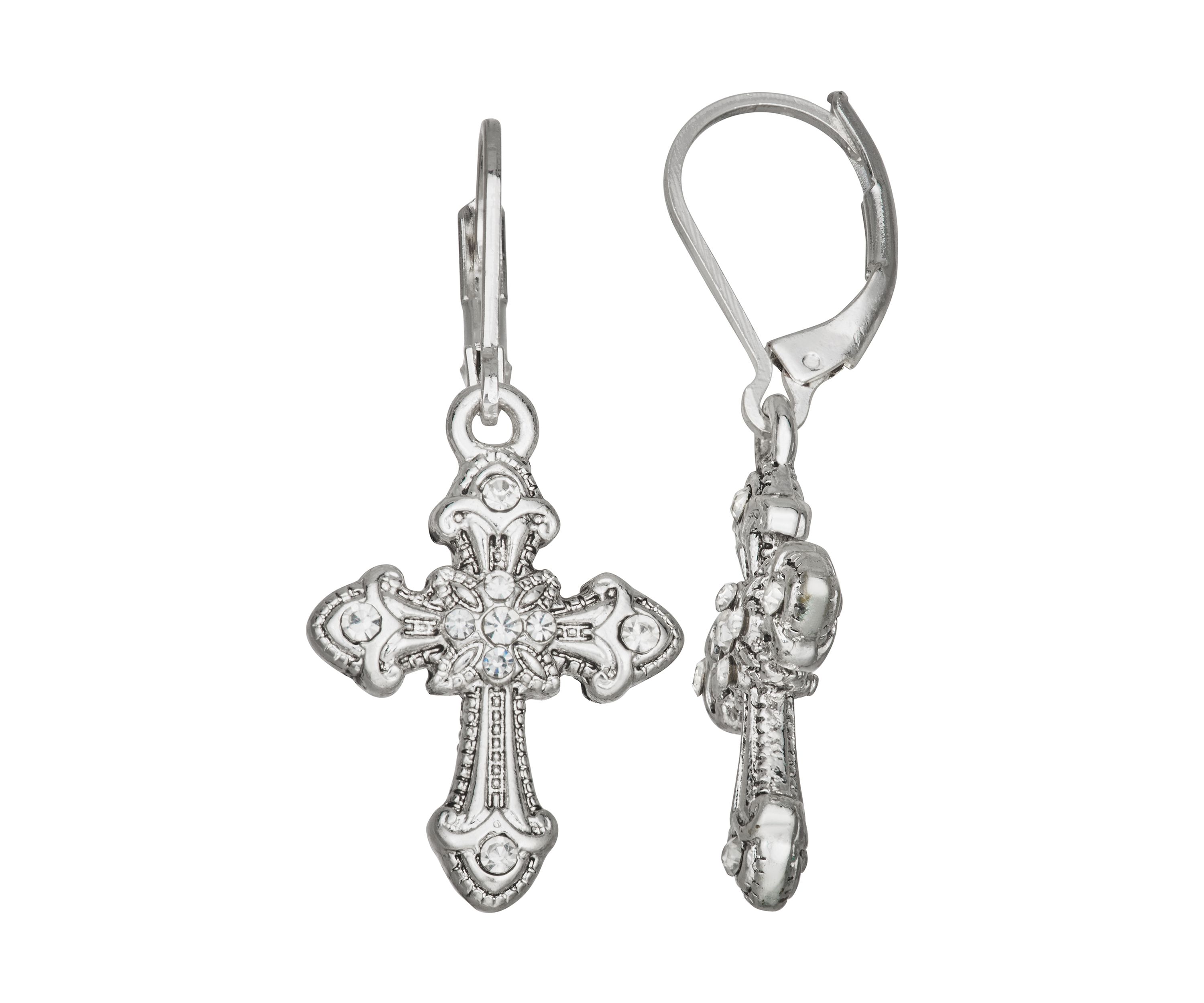 Silver Tone Cross Drop Earrings