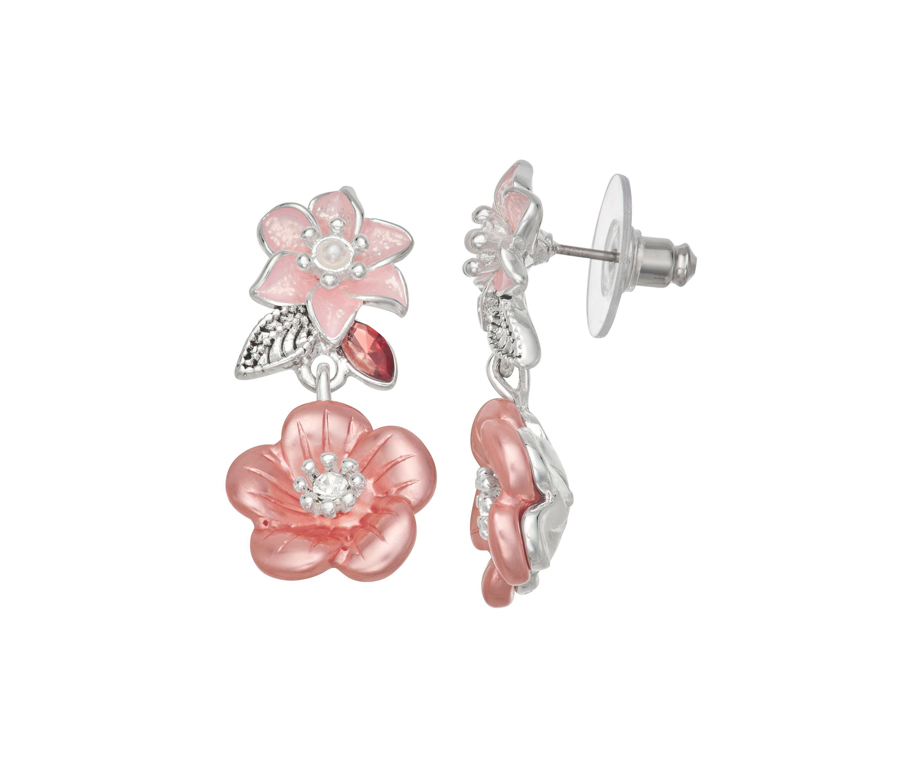 Silver Tone Pink Flower Double Drop Earrings