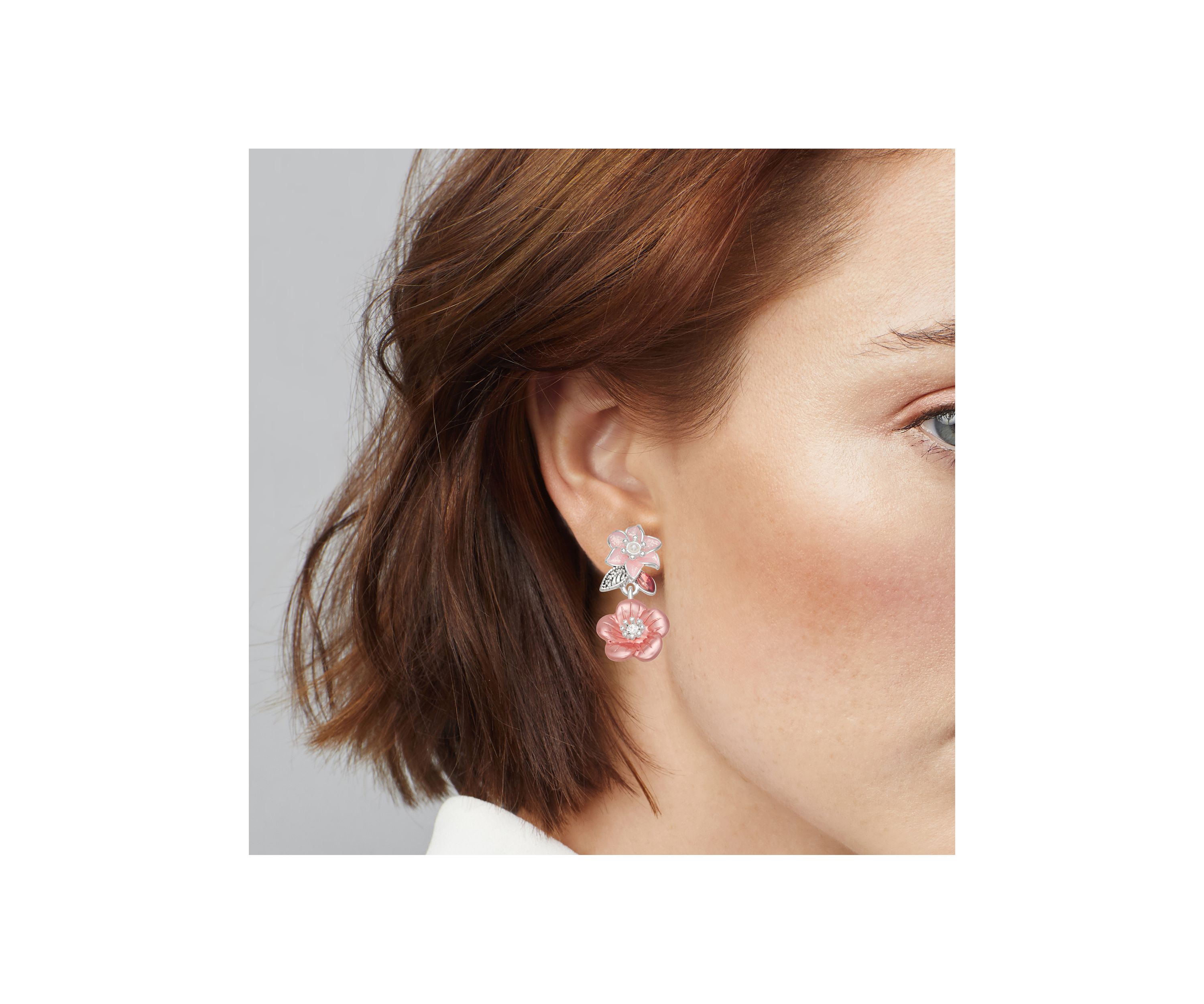 Silver Tone Pink Flower Double Drop Earrings