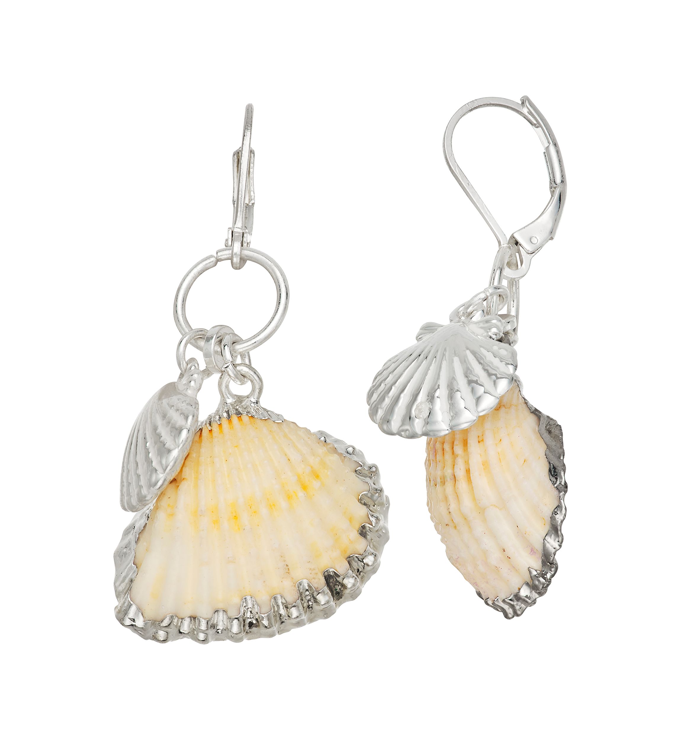 Silver Tone White Seashell Double Drop Earrings