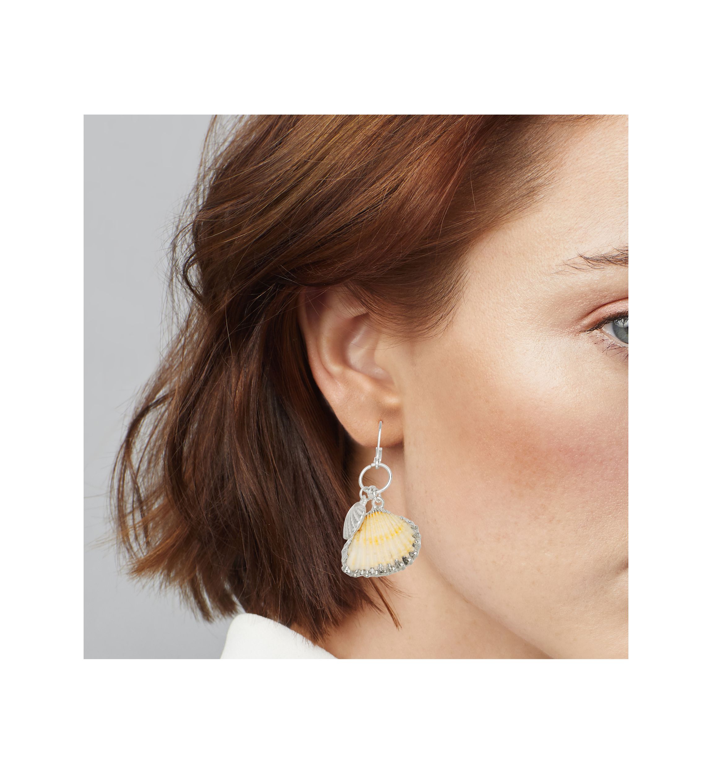 Silver Tone White Seashell Double Drop Earrings