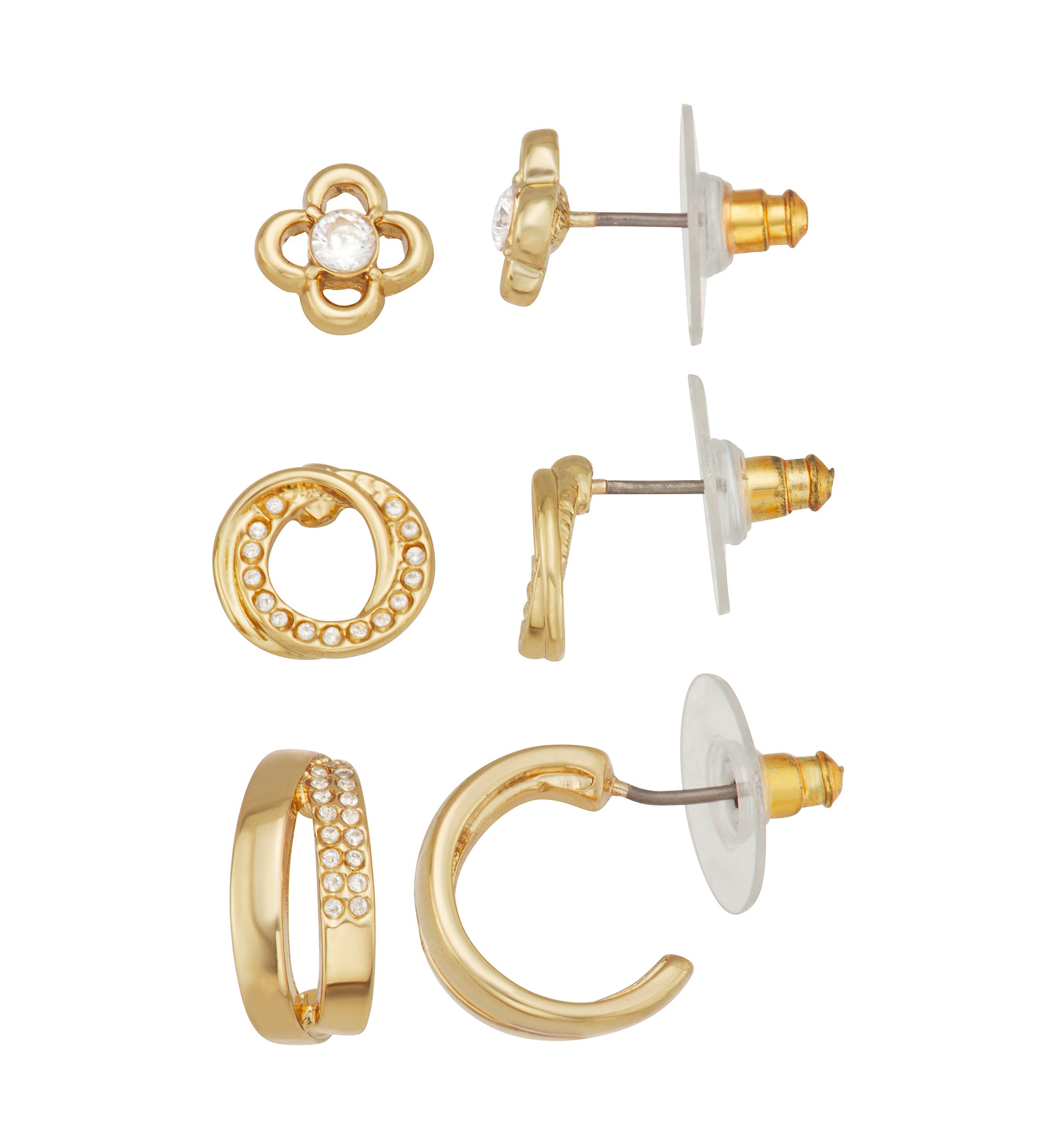 Gold Tone Crystal Stud Hoop Trio Earring Set