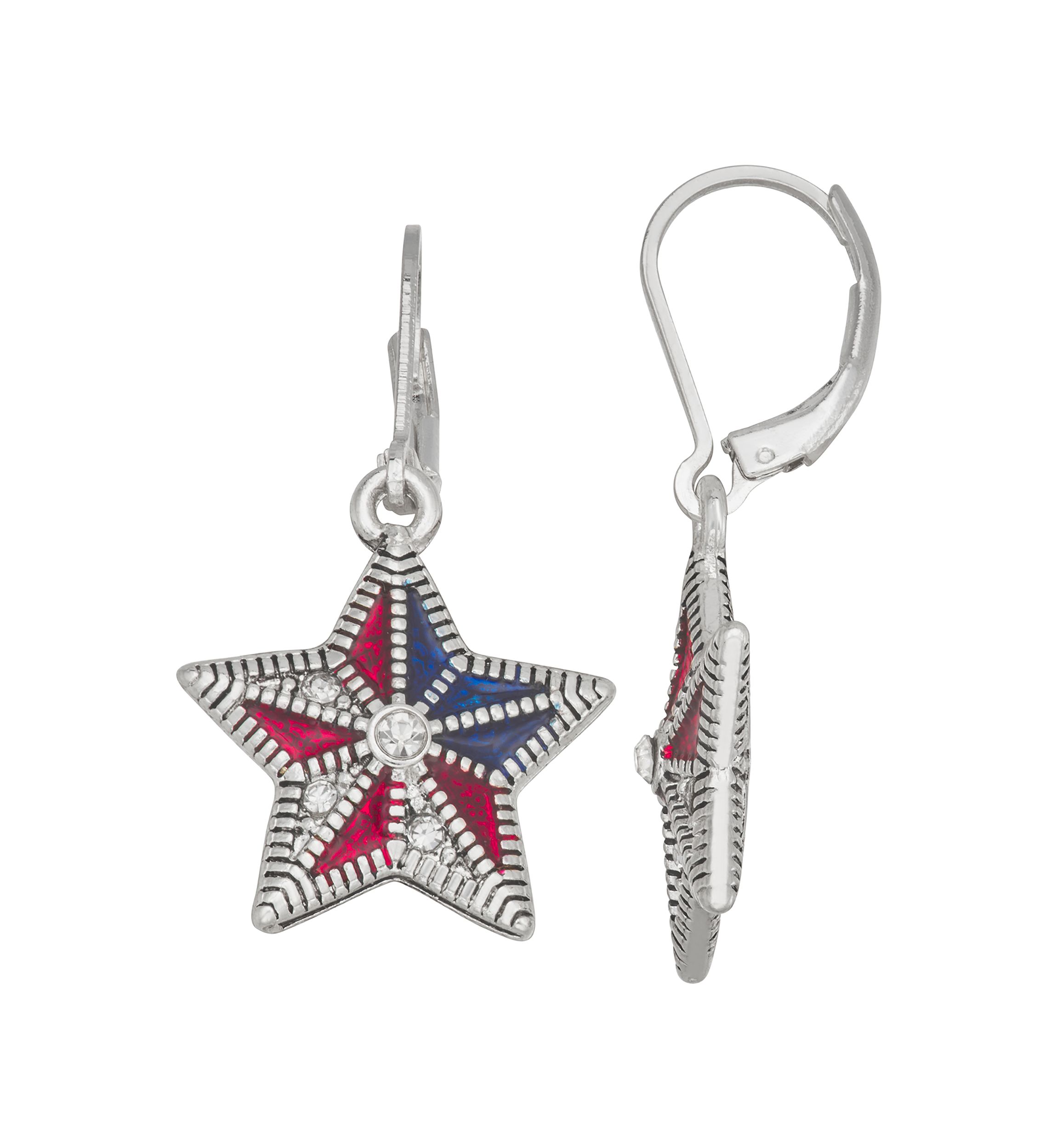 Silver Tone Multi America Star Drop Earrings