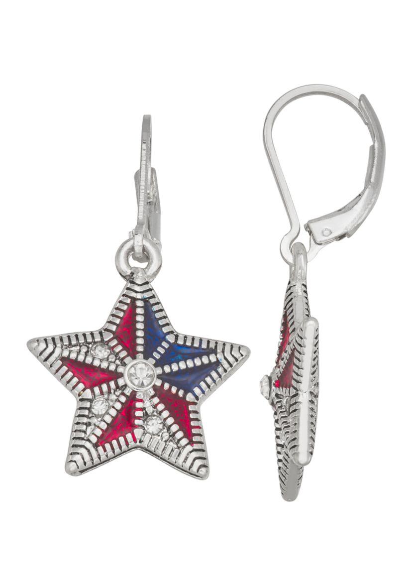 Silver Tone Multi America Star Drop Earrings
