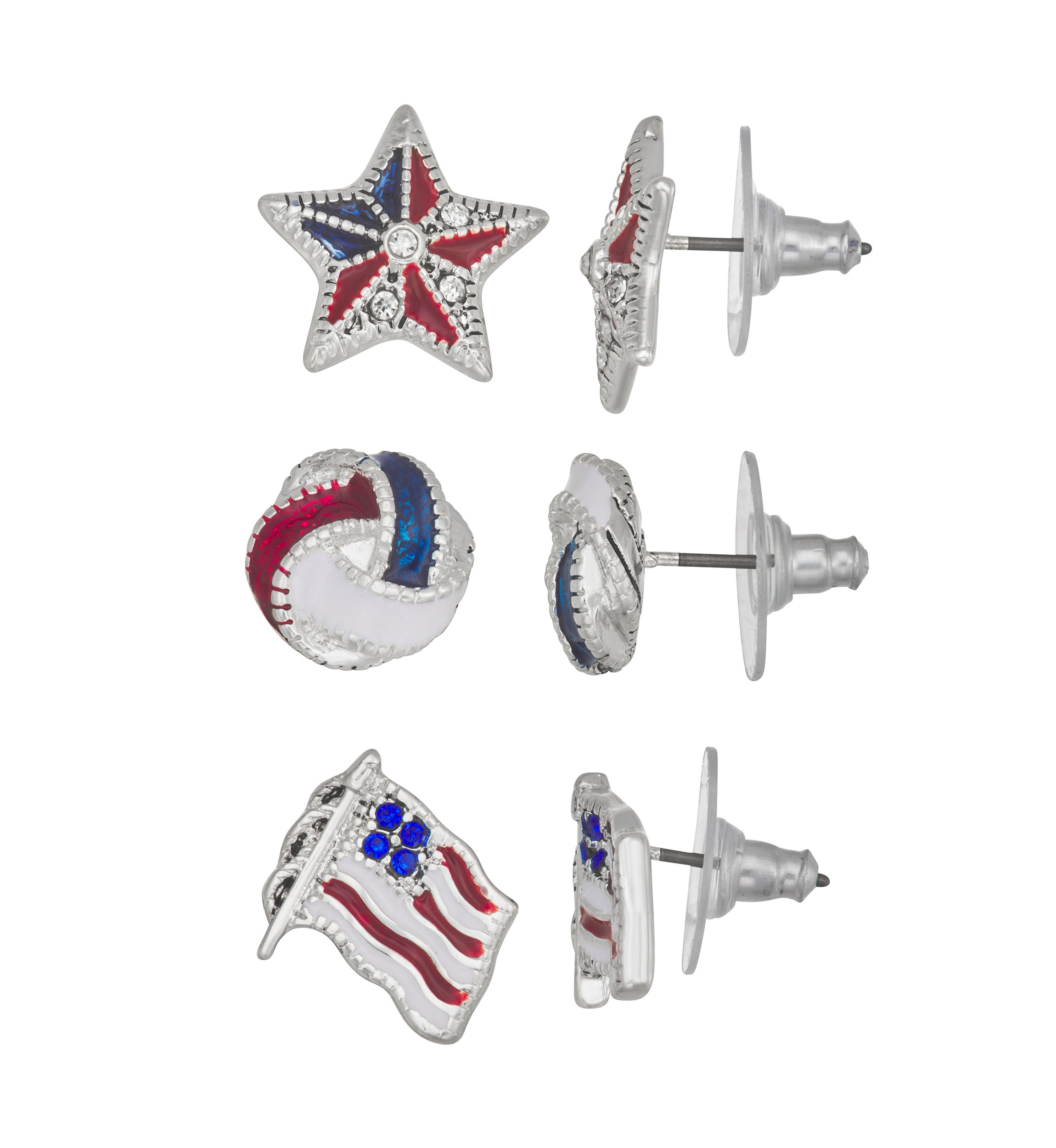Silver Tone Multi America Trio Earrings Set