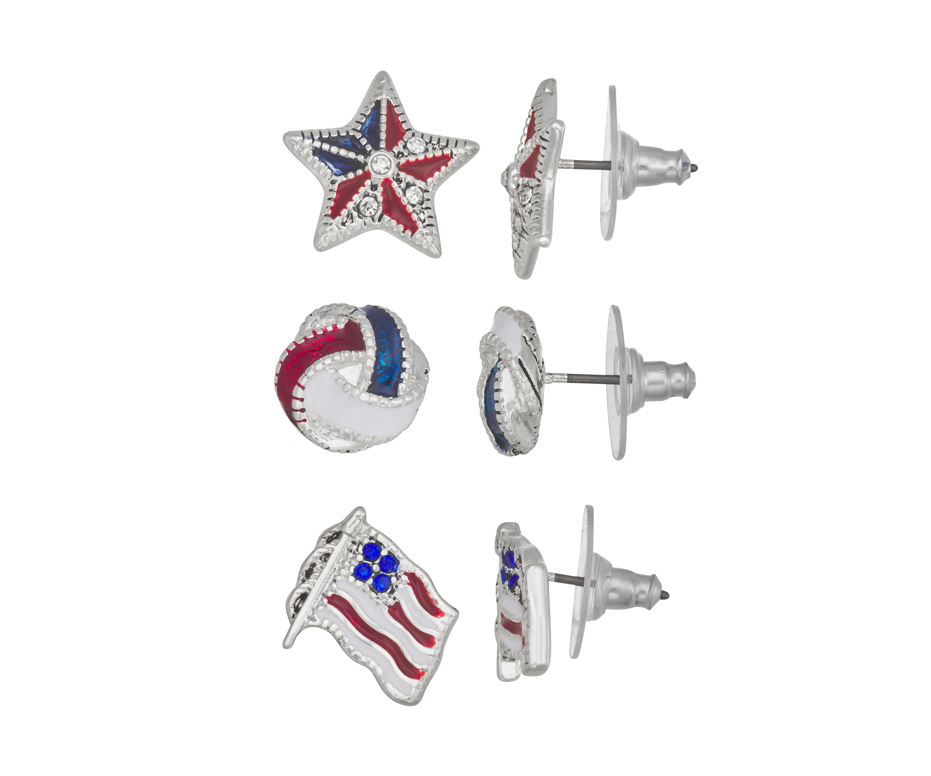 Silver Tone Multi America Trio Earrings Set