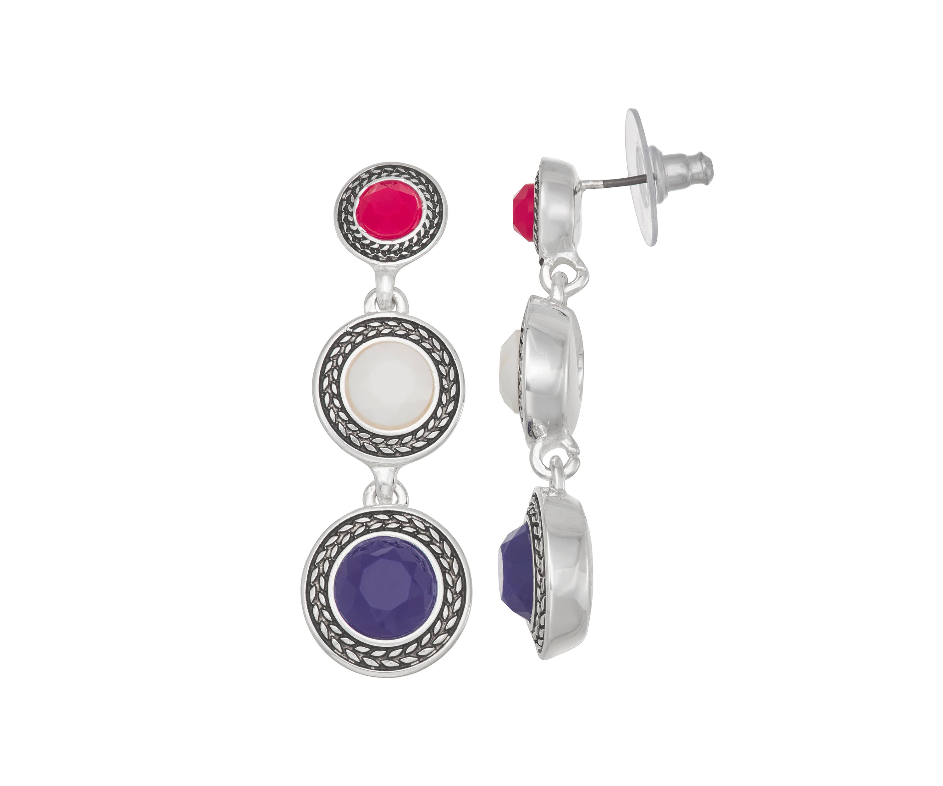 Silver Tone Red, White and Blue Linear Earrings
