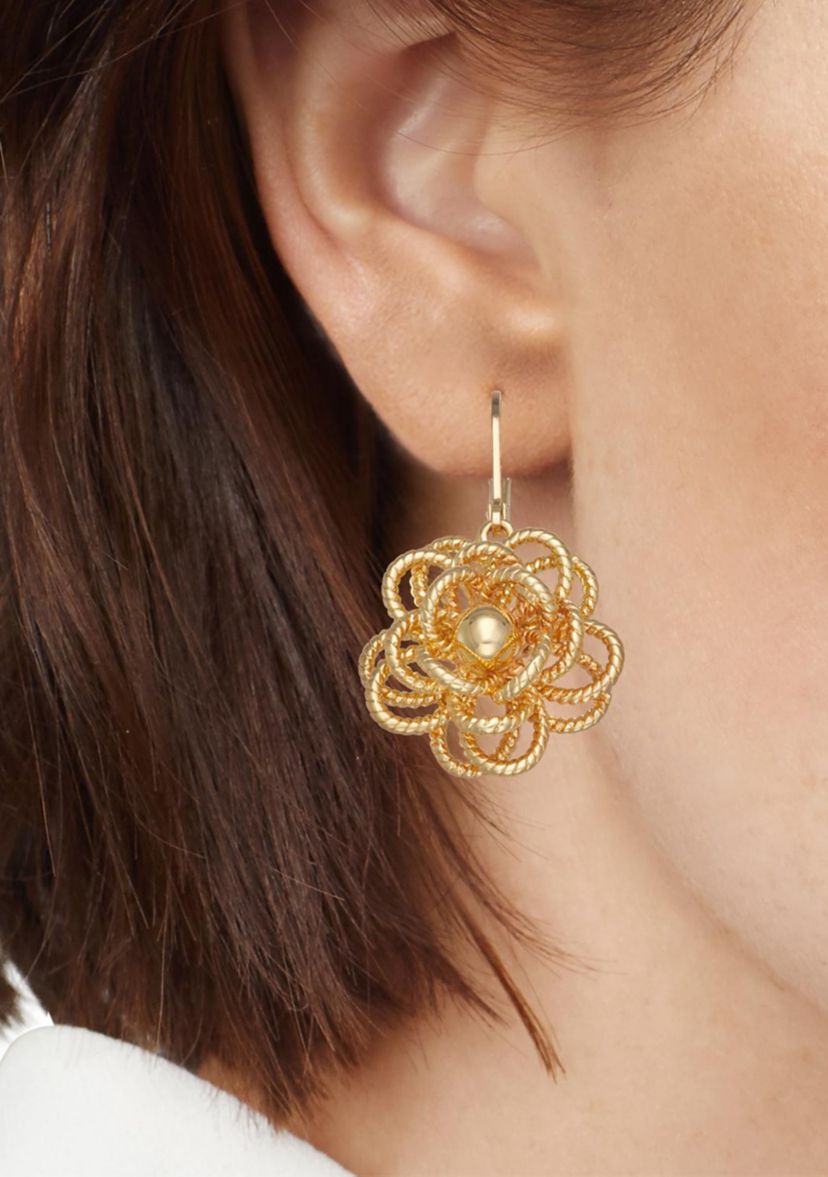 Gold Tone Flower Drop Earrings