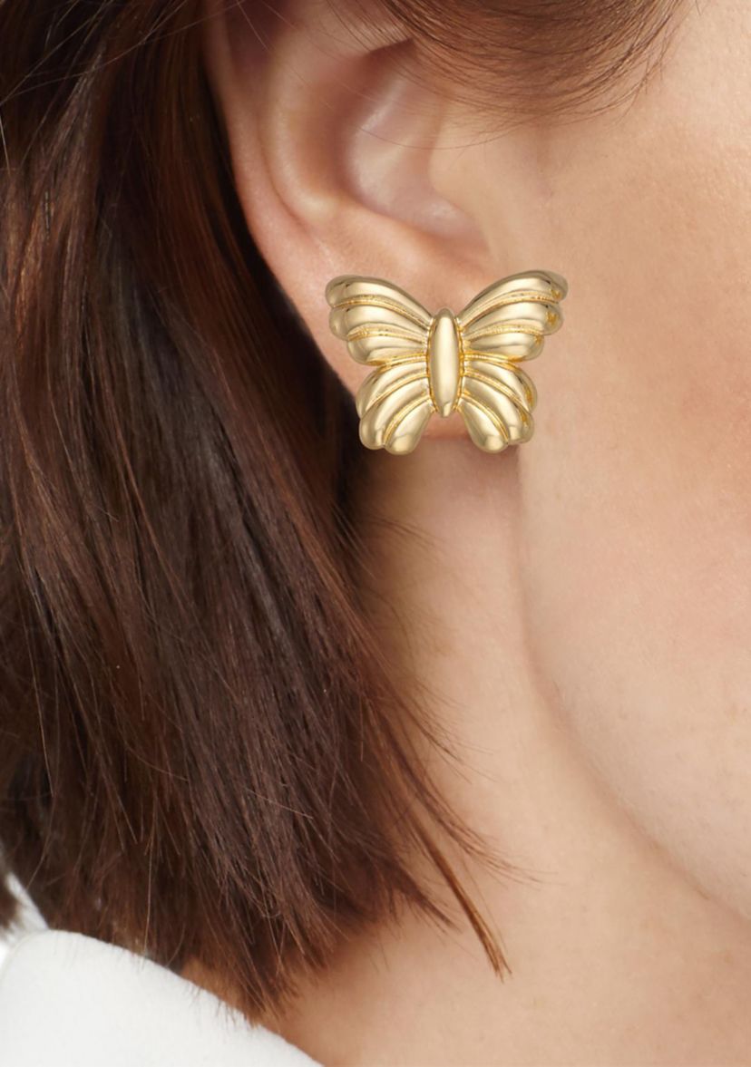 Gold Tone Flutted Butterfly Stud Earrings