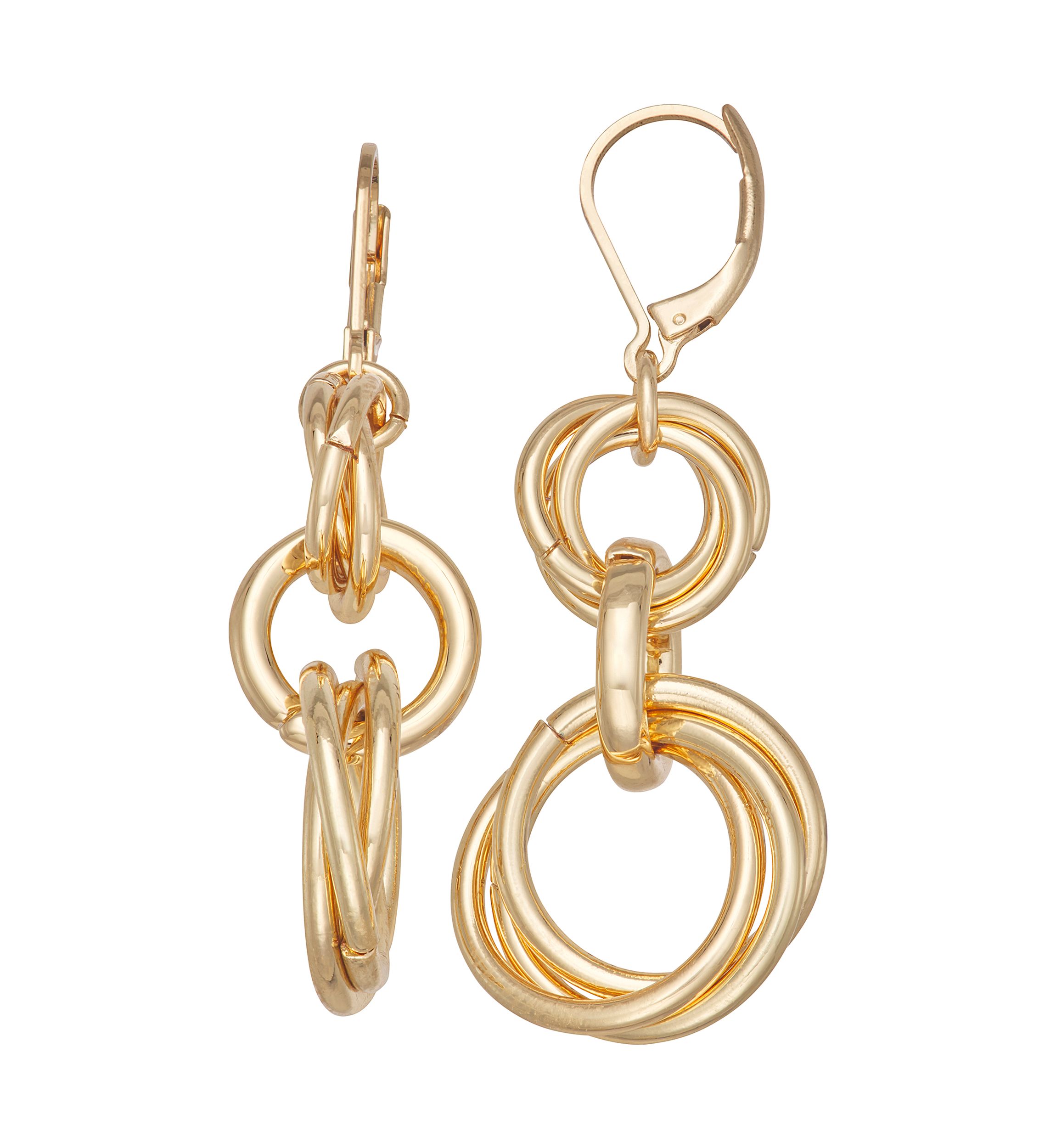 Gold Tone Rings Double Drop Earrings