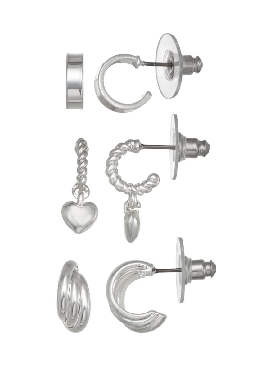 Silver Tone Hoop Drop Trio Earrings Set