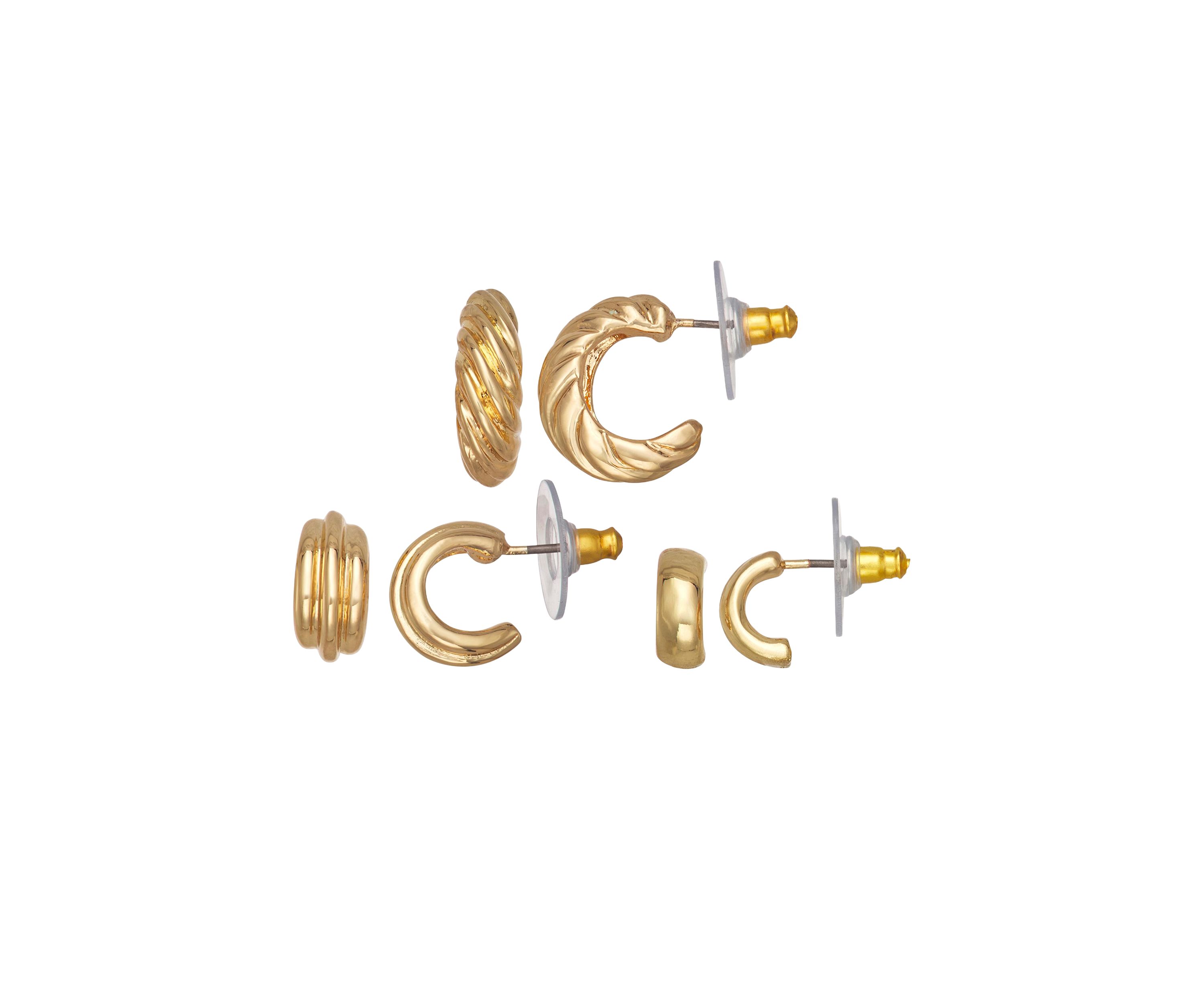Gold Tone Puffy C Hoop Trio Earrings Set