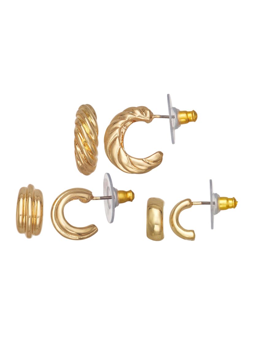 Gold Tone Puffy C Hoop Trio Earrings Set