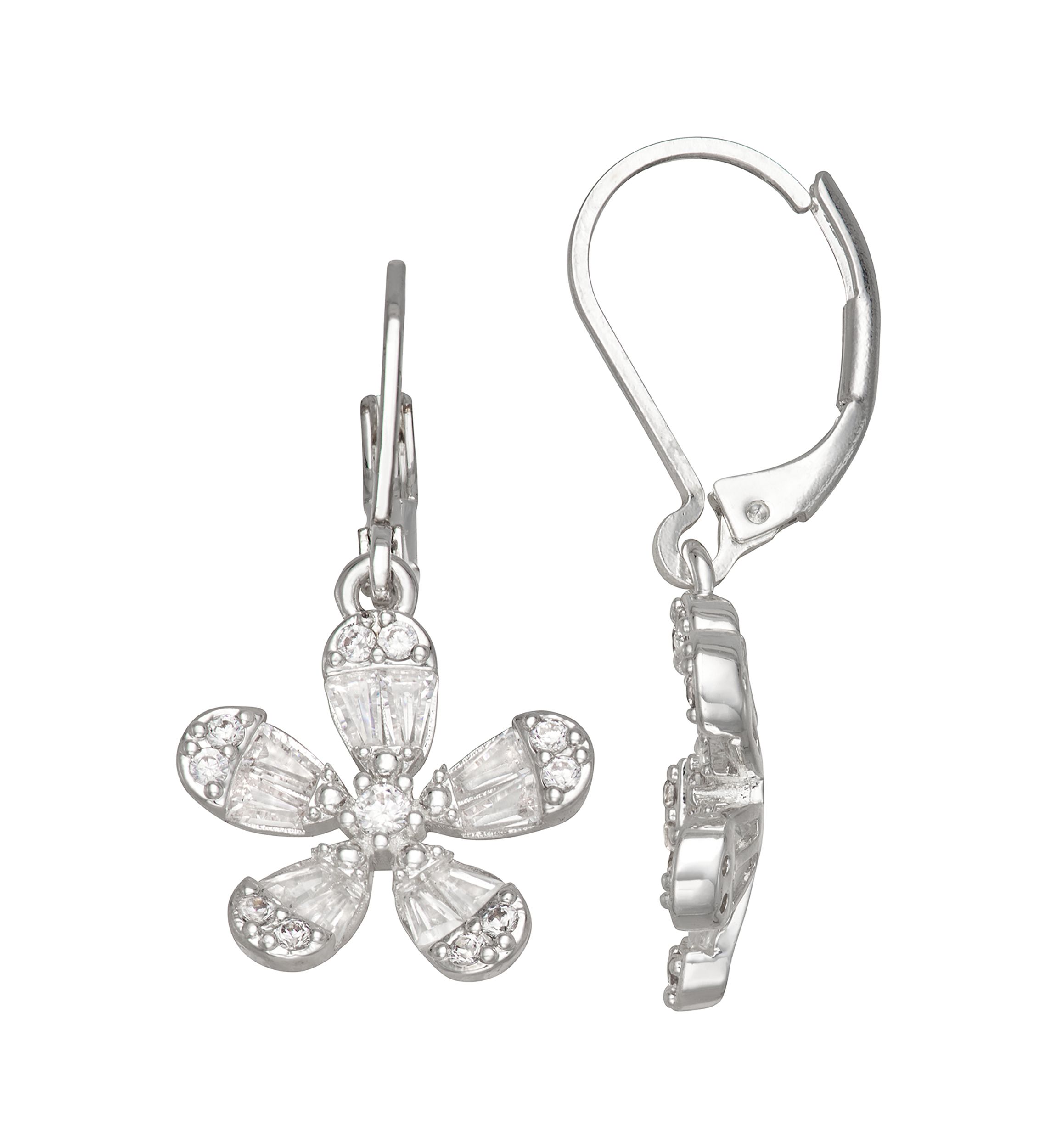 Silver Tone Crystal Flower Drop Earrings