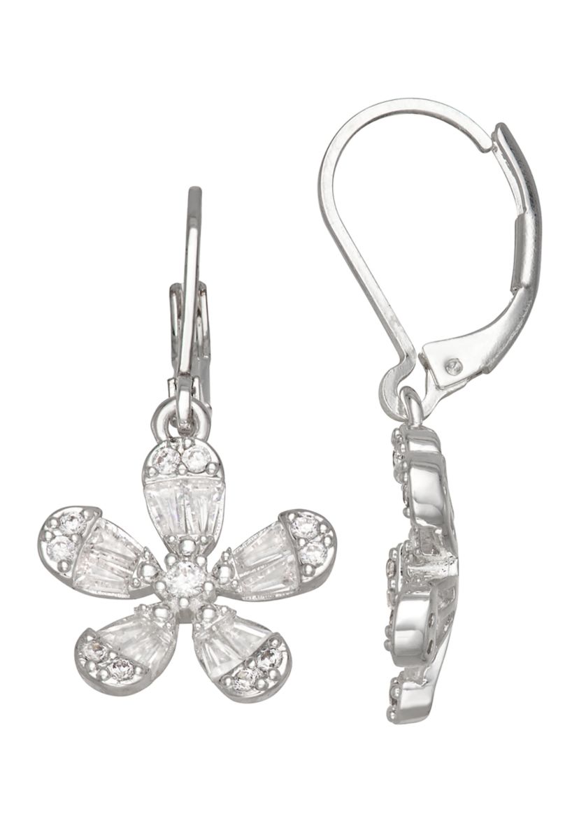 Silver Tone Crystal Flower Drop Earrings