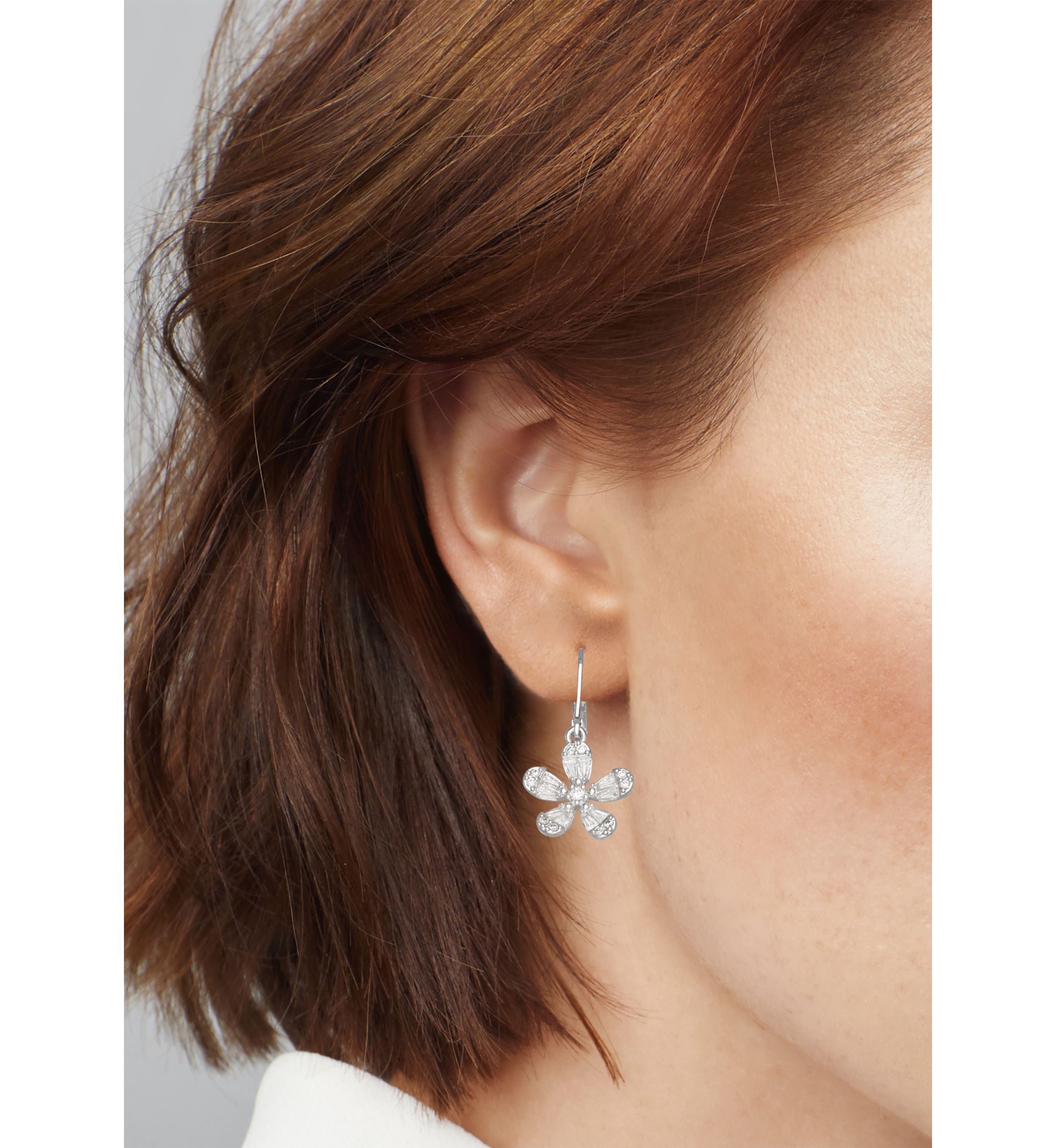 Silver Tone Crystal Flower Drop Earrings