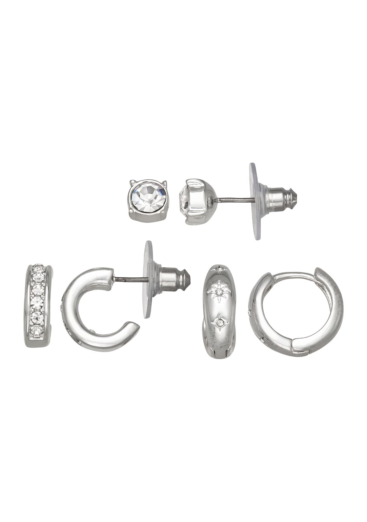 Silver Tone Crystal Trio Earrings Set