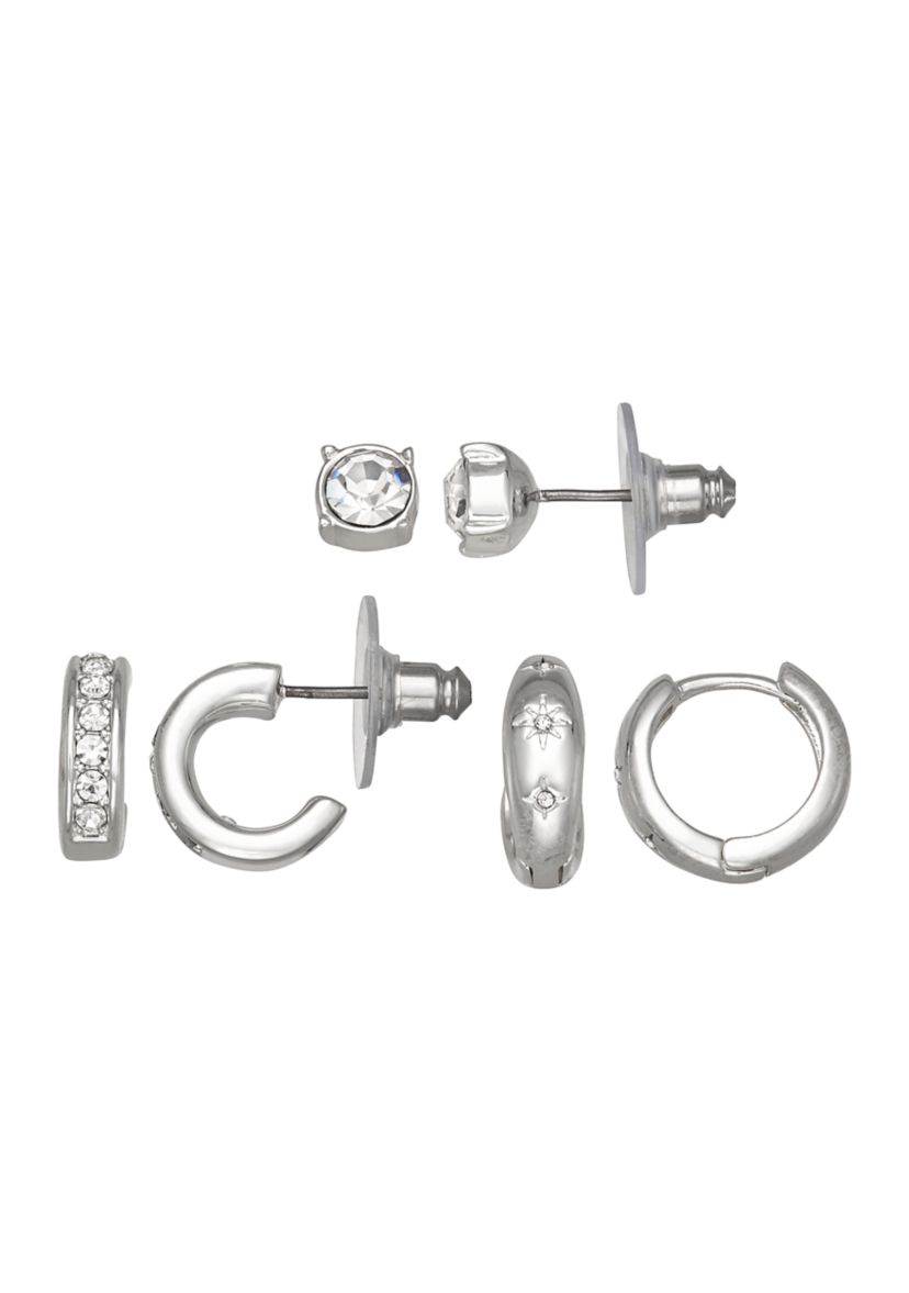 Silver Tone Crystal Trio Earrings Set