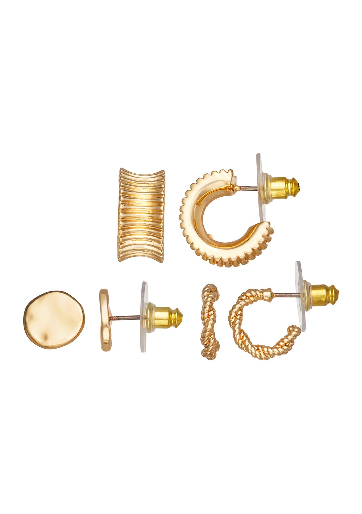Gold Tone Stud Huggie Trio Earrings Set