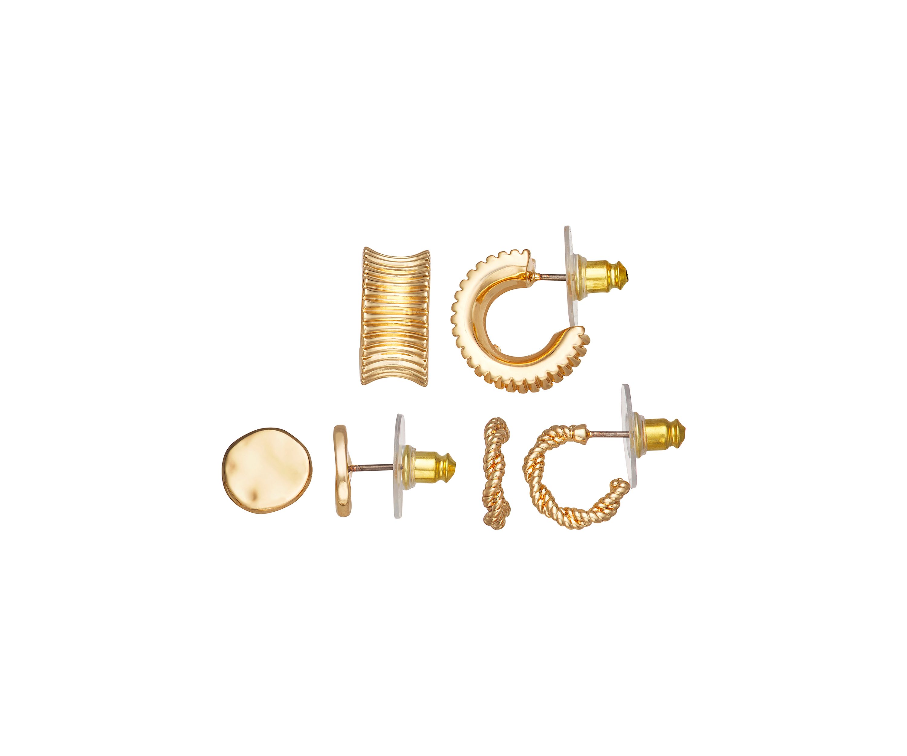 Gold Tone Stud Huggie Trio Earrings Set