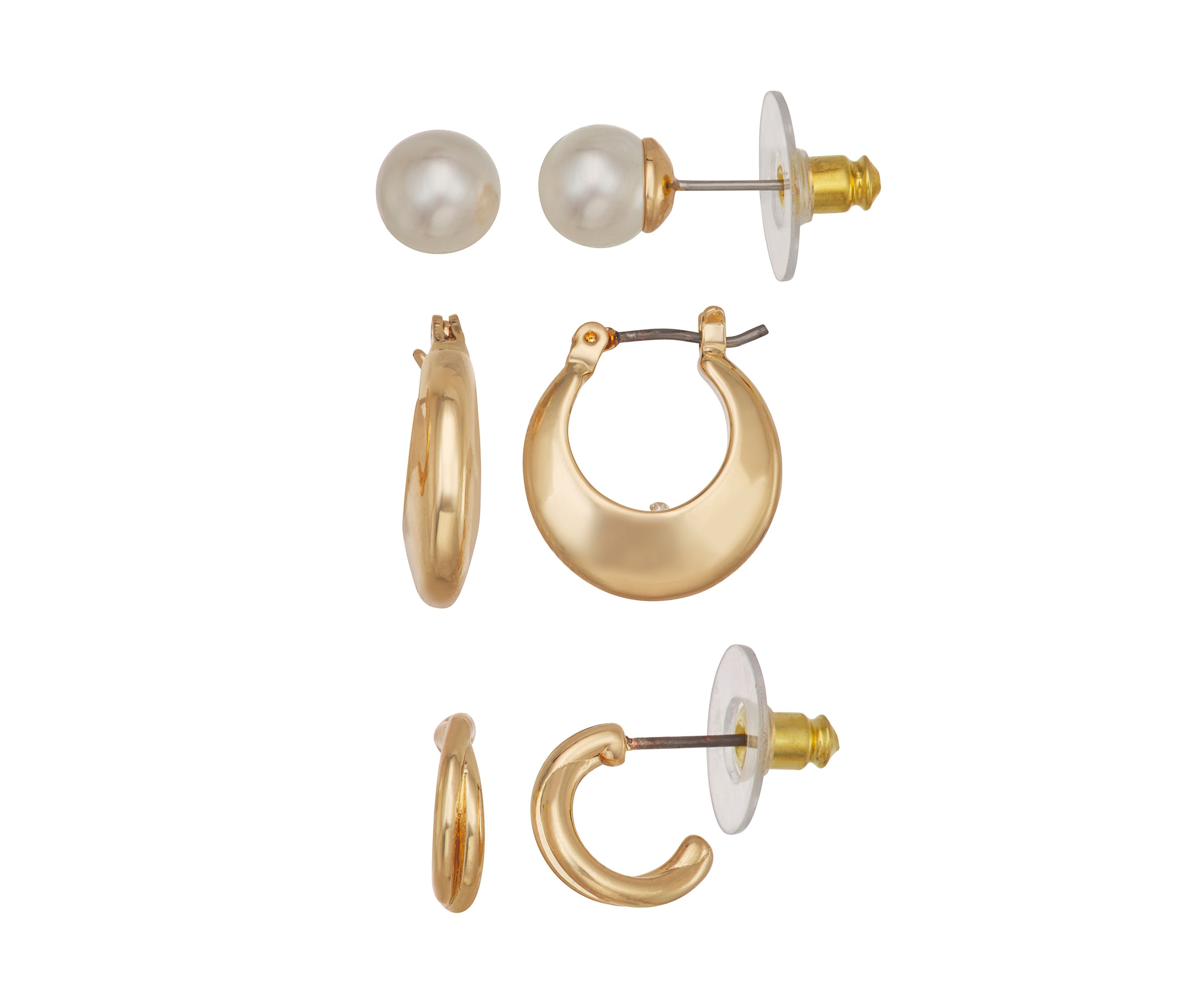 Gold Tone White Pearl Stud Huggie Trio Earrings Set