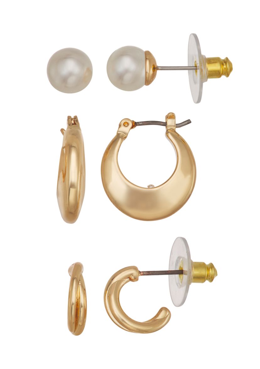 Gold Tone White Pearl Stud Huggie Trio Earrings Set