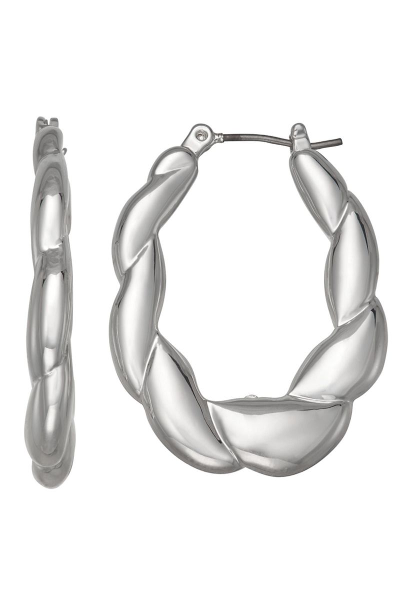 Silver Tone 33mm Puffy Oval Hoop Earrings