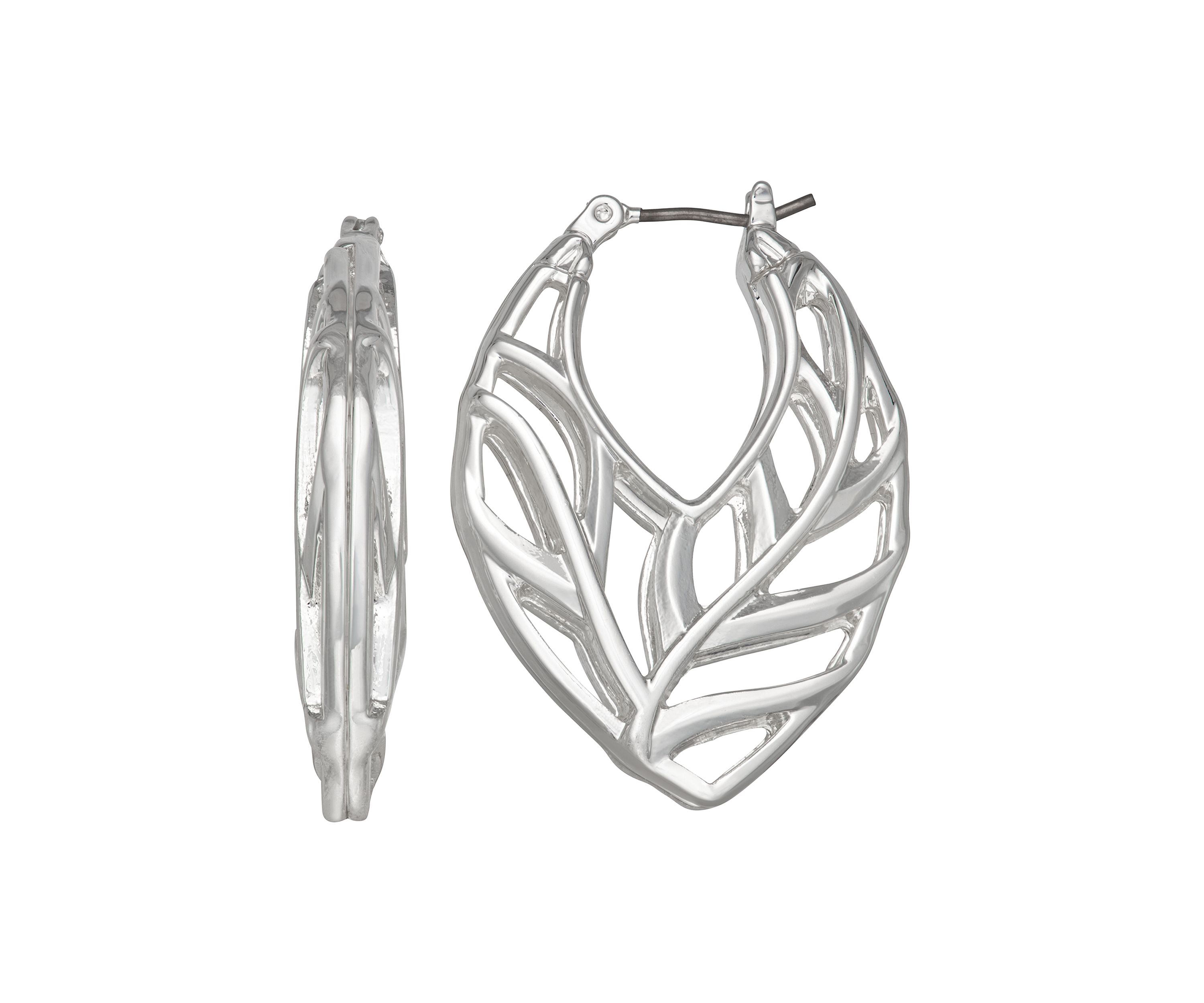 Silver Tone 44 Millimeter Leaves Oval Hoop Earrings