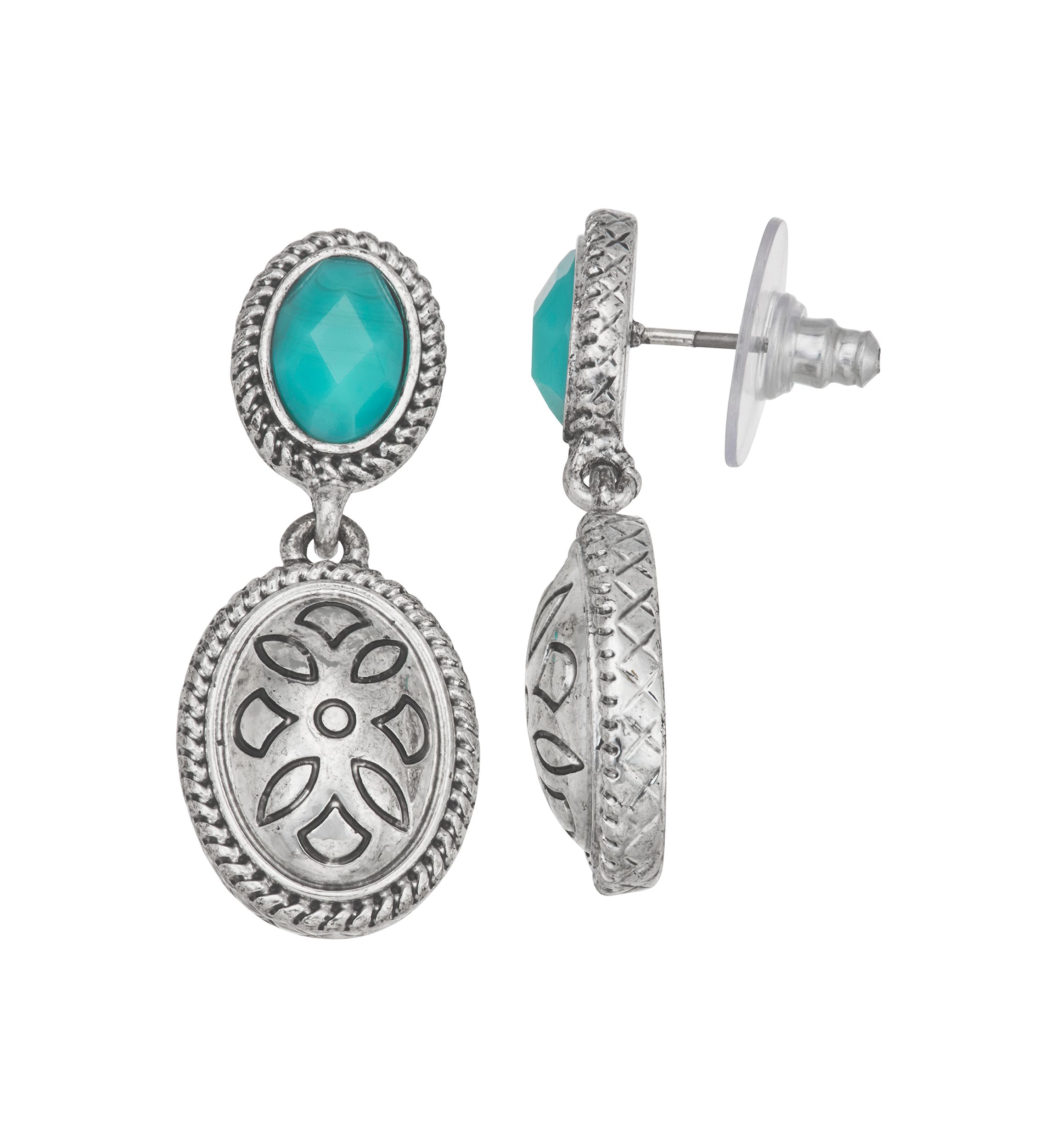 Silver Tone Turquoise Double Drop Earrings