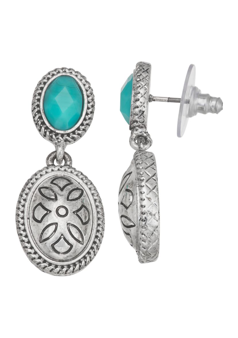 Silver Tone Turquoise Double Drop Earrings