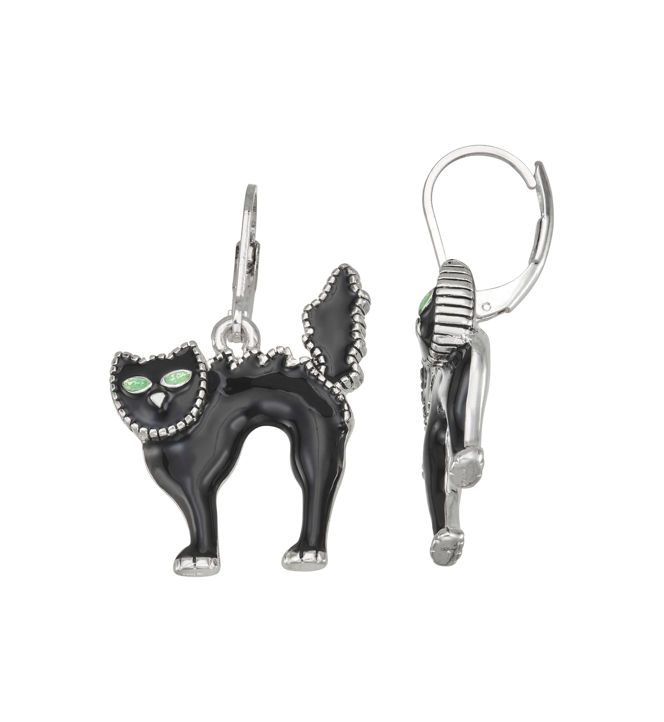 Silver-Tone Jet Black Cat Drop Earrings