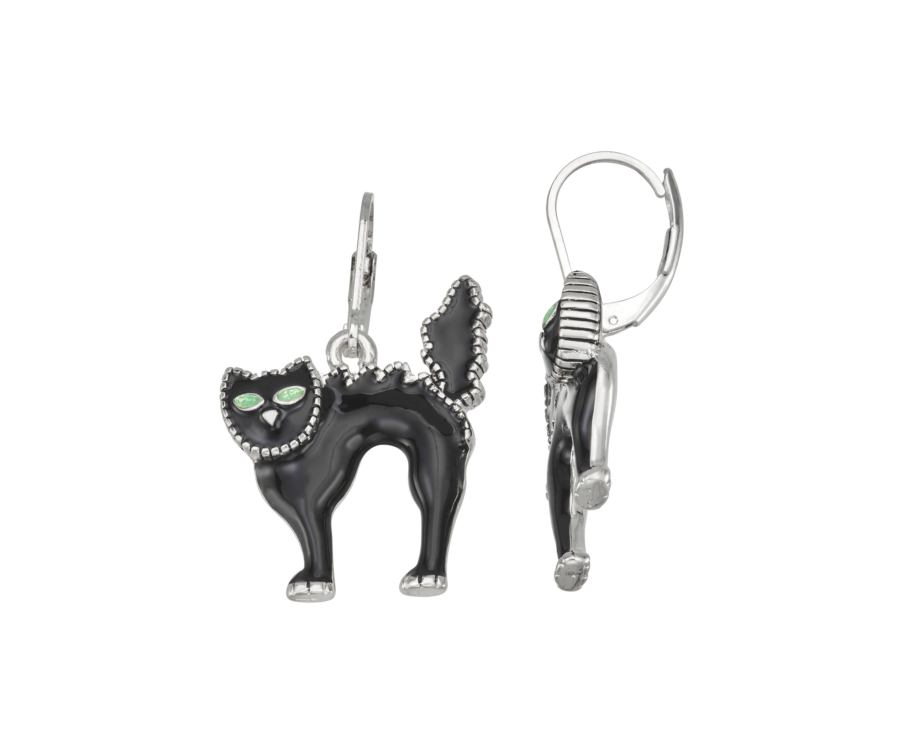 Silver-Tone Jet Black Cat Drop Earrings