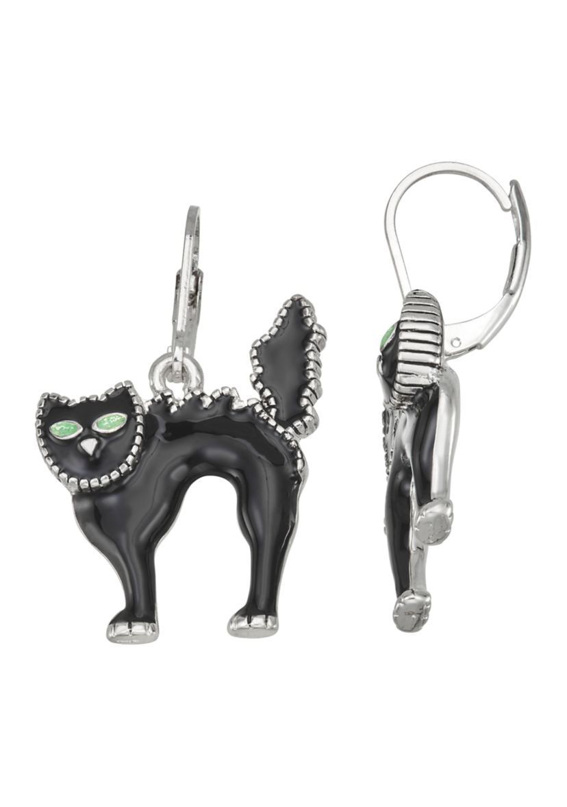 Silver-Tone Jet Black Cat Drop Earrings
