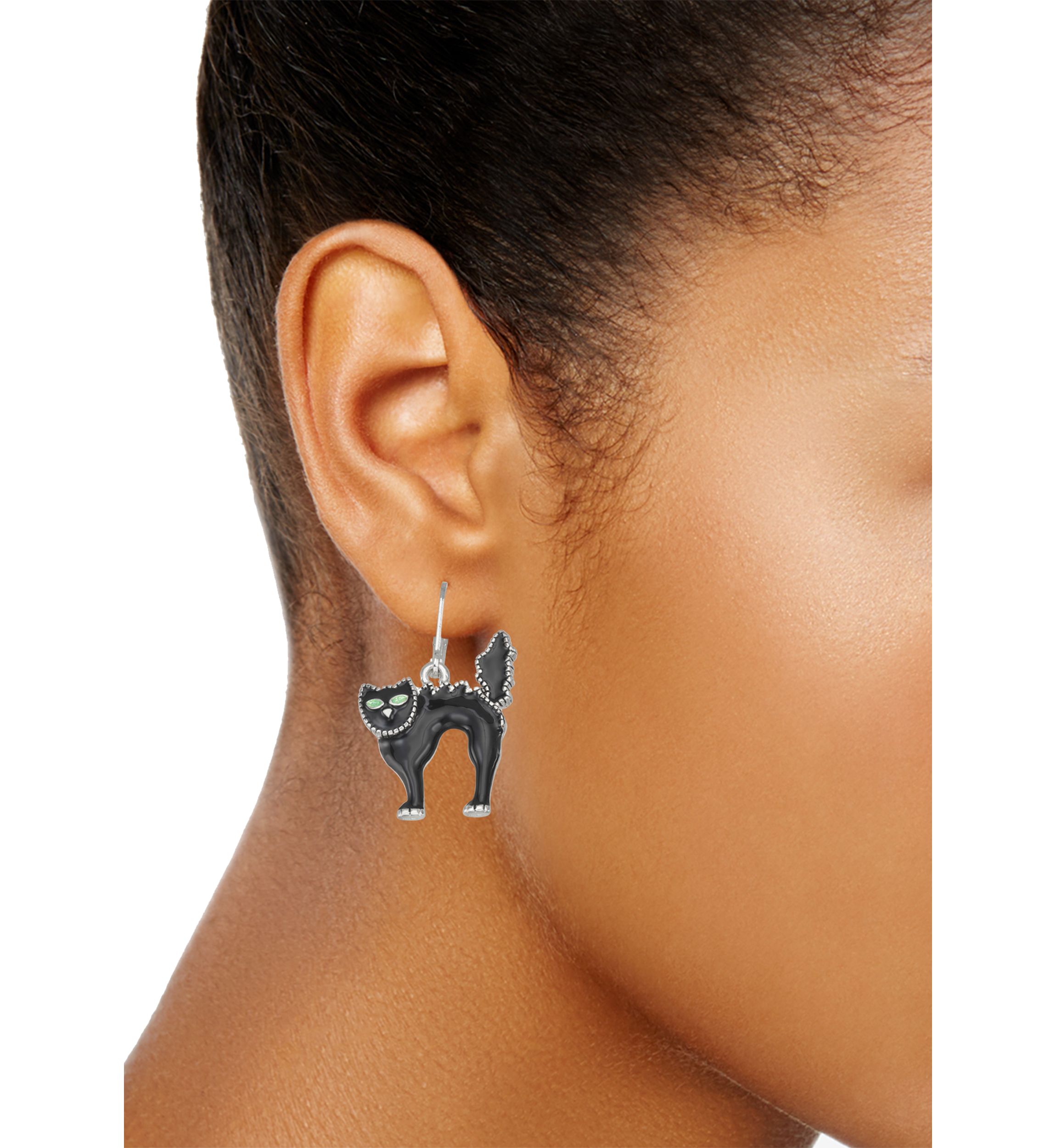 Silver-Tone Jet Black Cat Drop Earrings