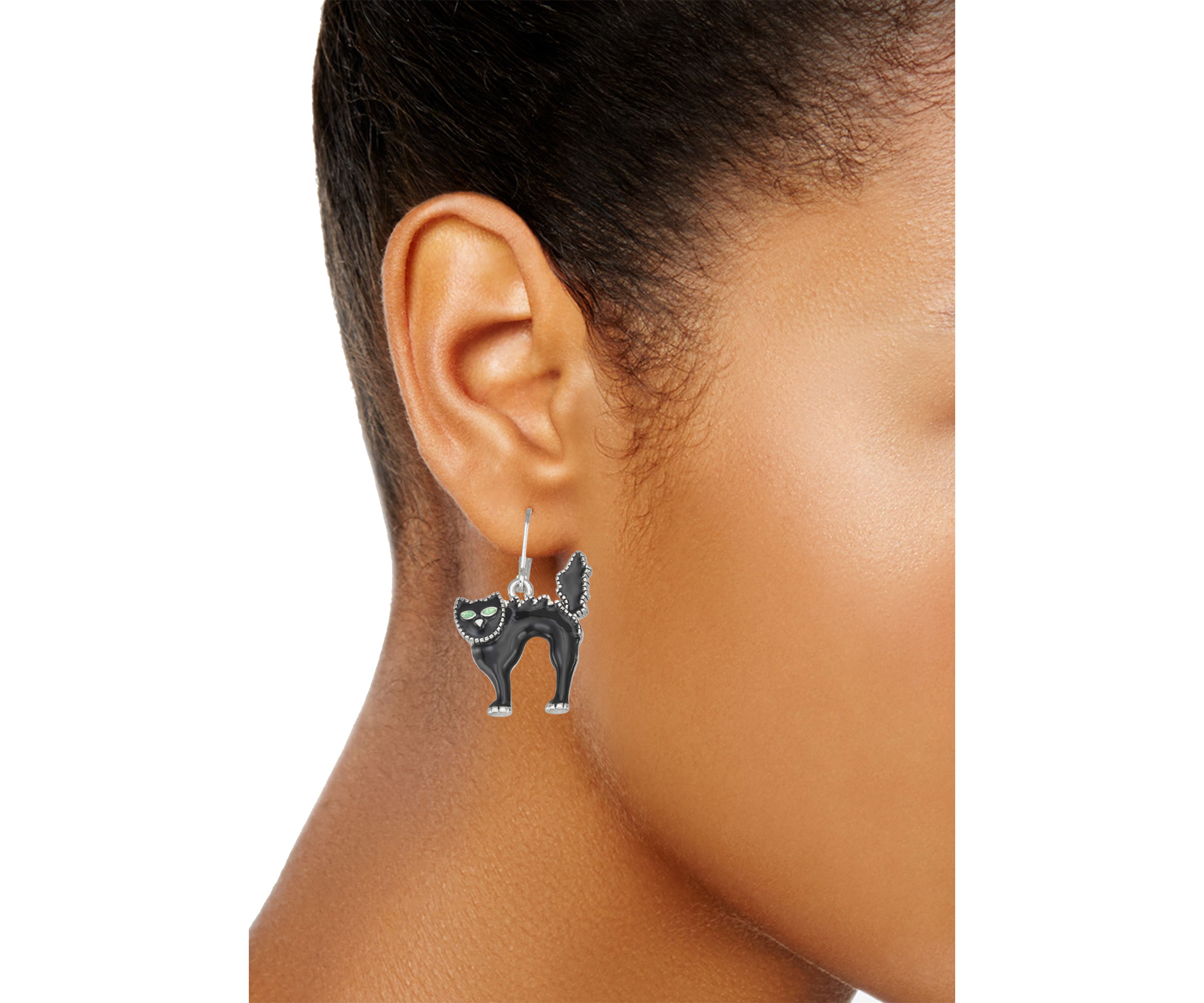 Silver-Tone Jet Black Cat Drop Earrings