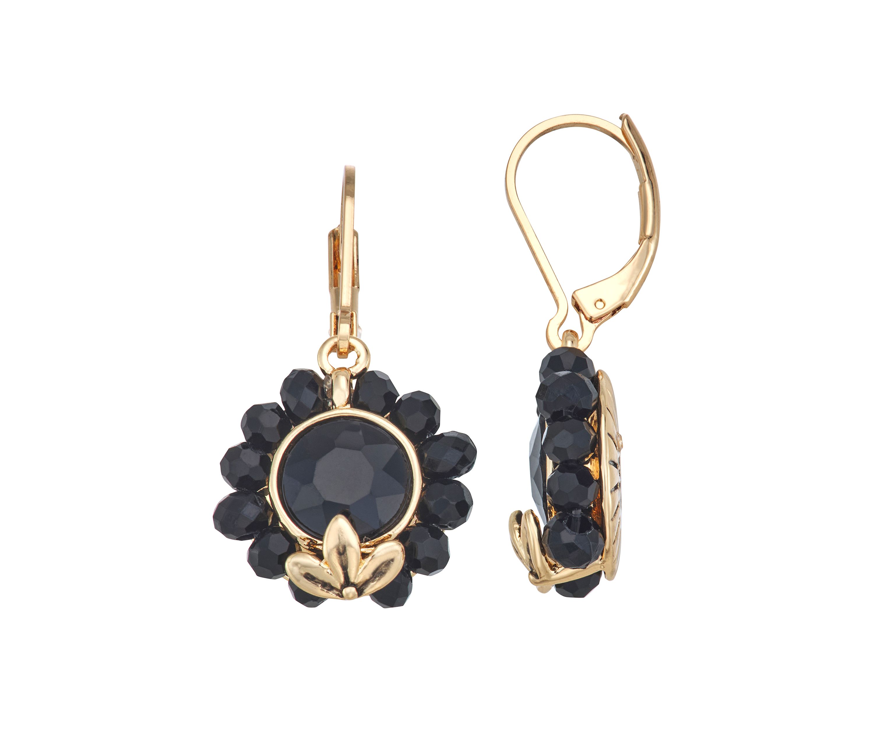 Gold-Tone Jet Flower Drop Earrings