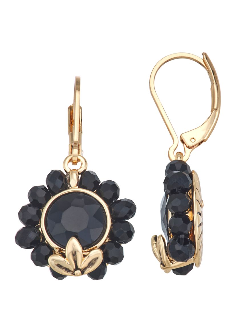 Gold-Tone Jet Flower Drop Earrings